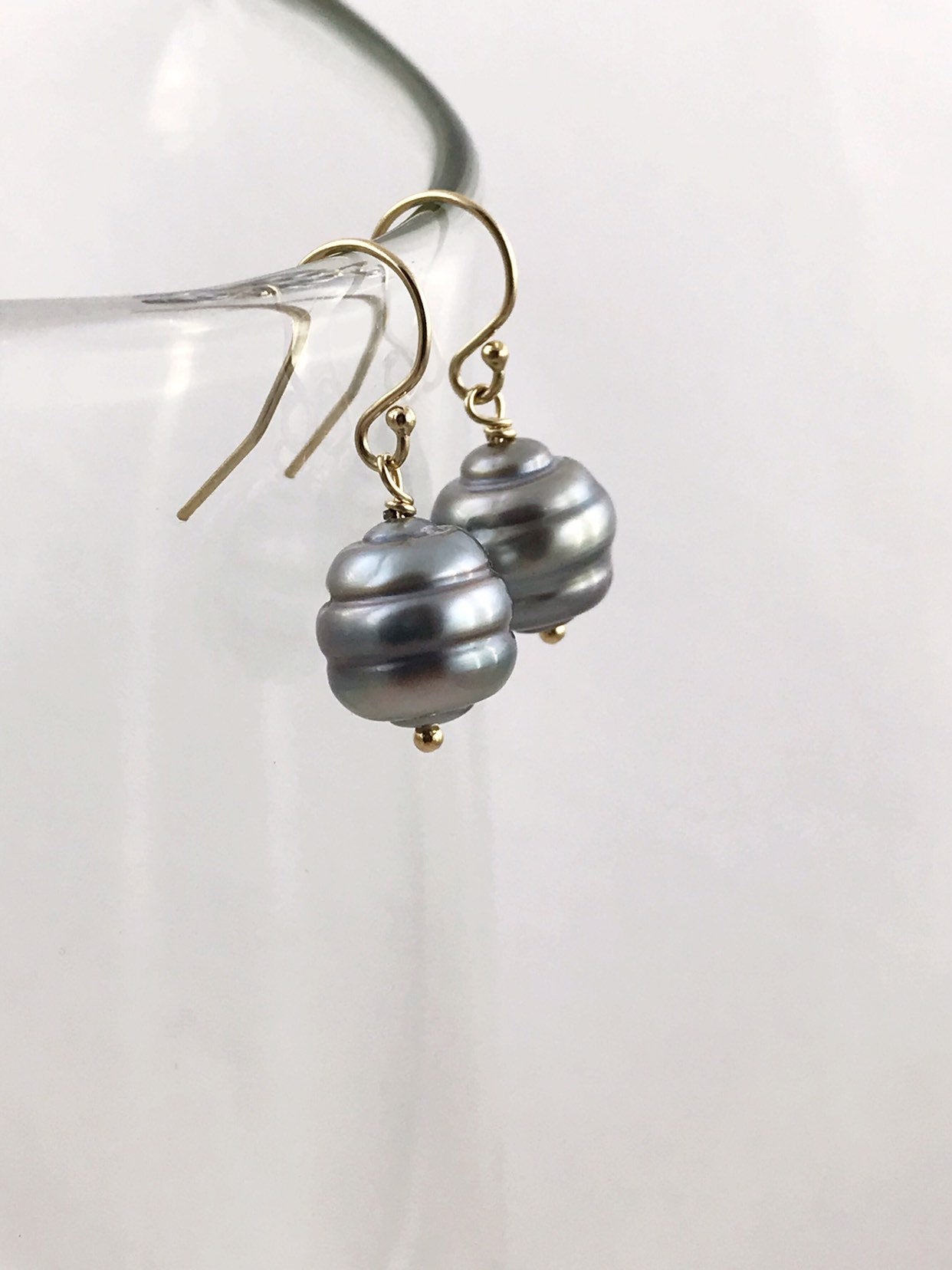 Tahitian Pearl Drop Earrings - 14k Yellow Gold Filled - Genuine Baroque Tahitian Pearls - Silver/Grey/Gold/Blue Saltwater Pearls - Image 5