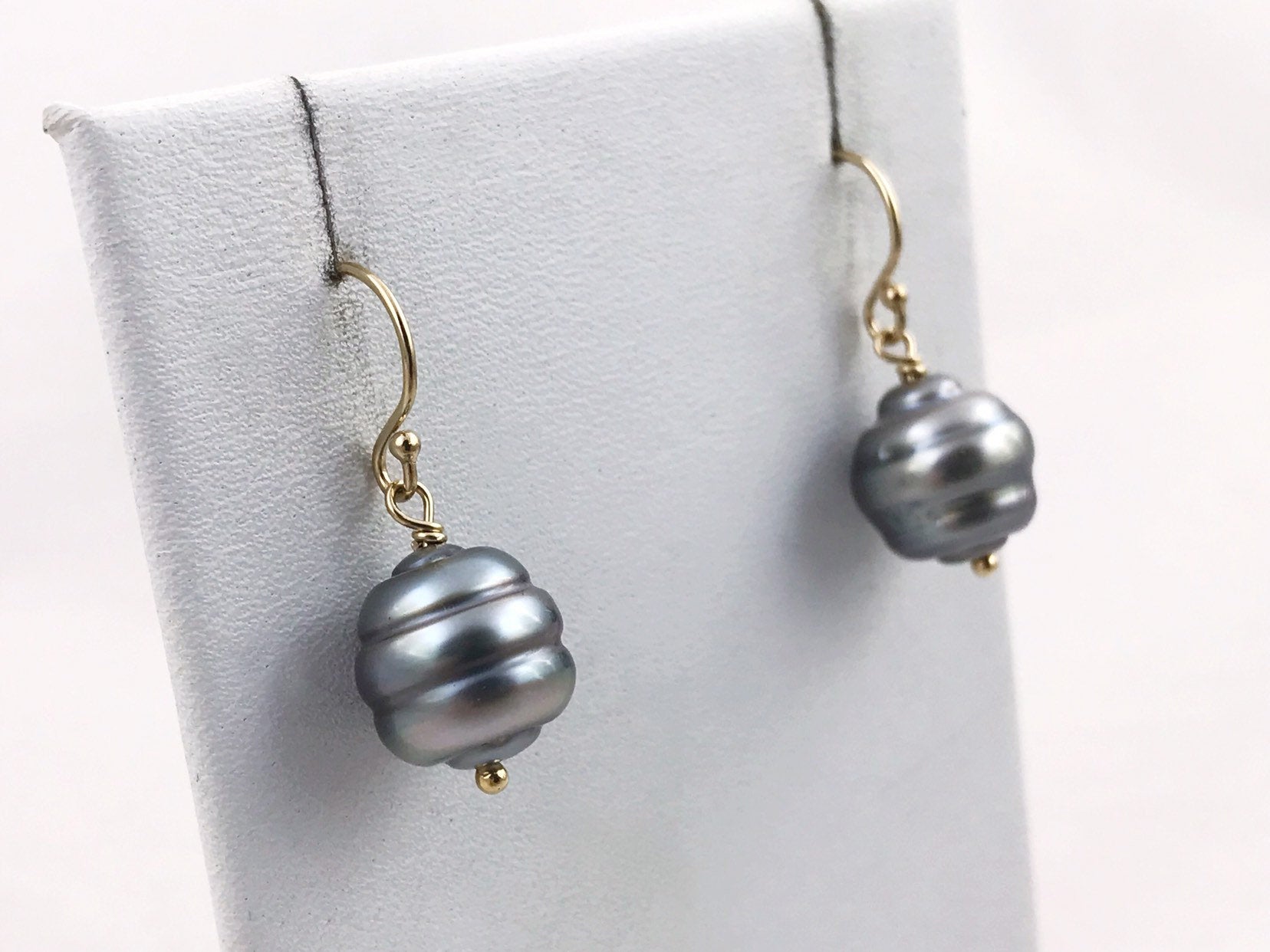 Tahitian Pearl Drop Earrings - 14k Yellow Gold Filled - Genuine Baroque Tahitian Pearls - Silver/Grey/Gold/Blue Saltwater Pearls - Image 7