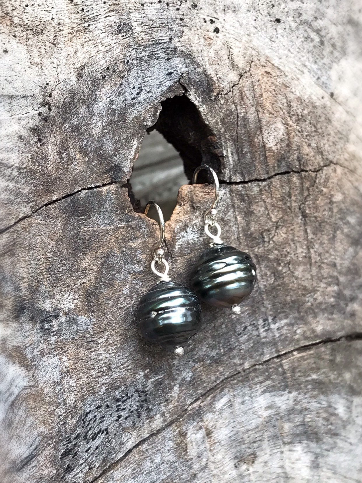 Tahitian Pearl Drop Earrings - Solid Sterling Silver - Genuine Baroque Tahitian Pearls - Blue/Grey/Brown Saltwater Pearls - Image 2