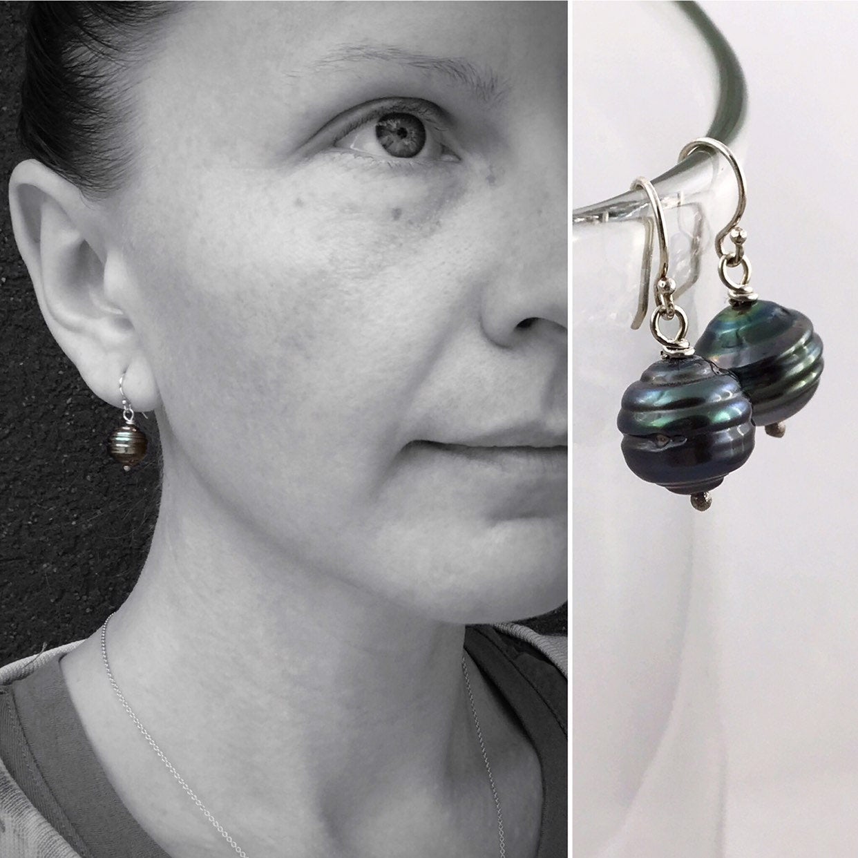 Tahitian Pearl Drop Earrings - Solid Sterling Silver - Genuine Baroque Tahitian Pearls - Blue/Grey/Brown Saltwater Pearls - Image 4