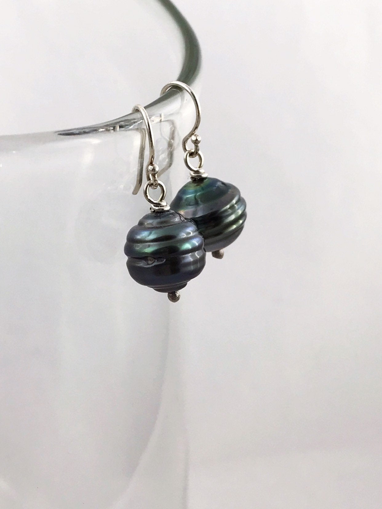 Tahitian Pearl Drop Earrings - Solid Sterling Silver - Genuine Baroque Tahitian Pearls - Blue/Grey/Brown Saltwater Pearls - Image 5