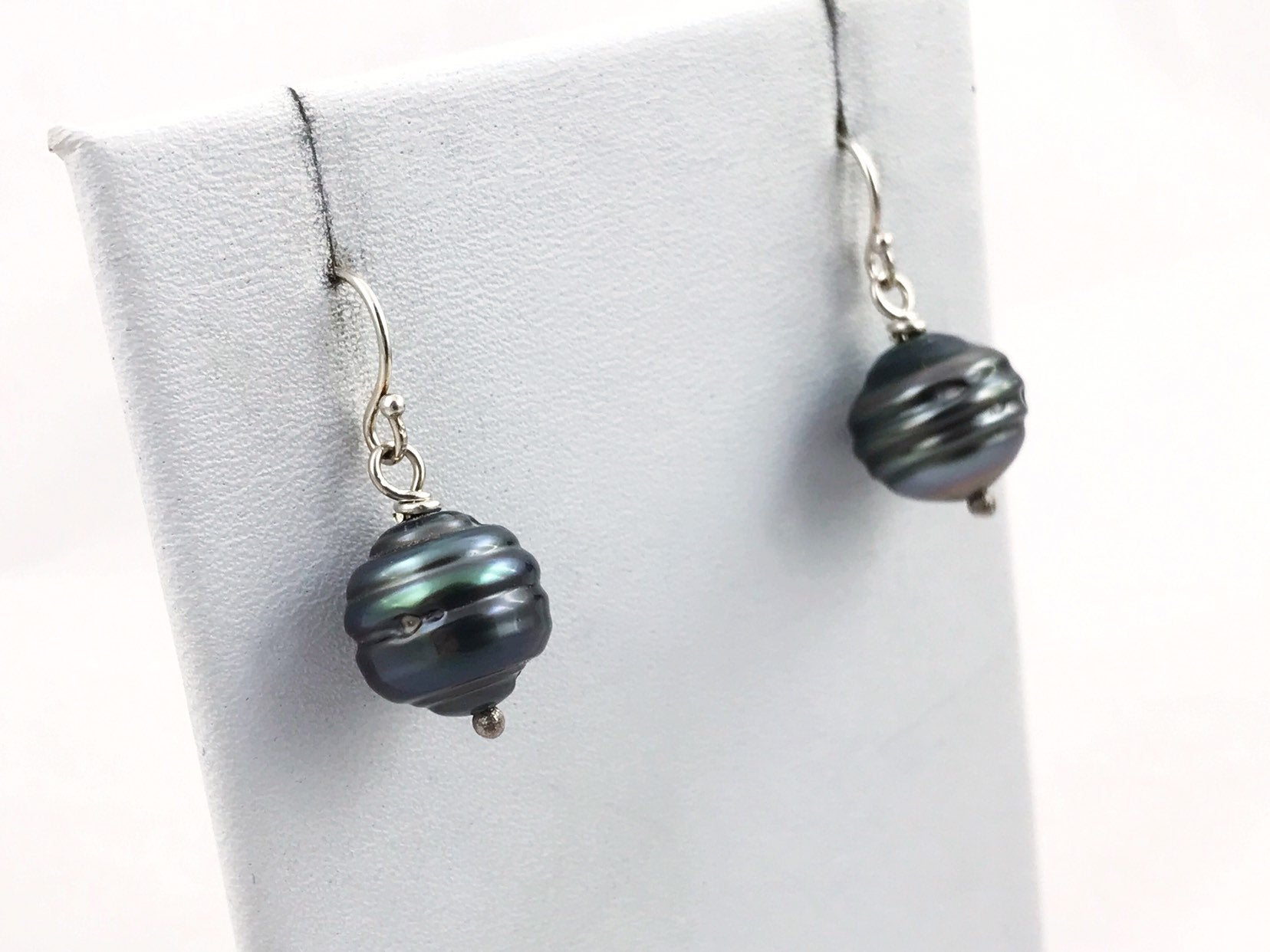 Tahitian Pearl Drop Earrings - Solid Sterling Silver - Genuine Baroque Tahitian Pearls - Blue/Grey/Brown Saltwater Pearls - Image 7