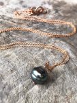 Tahitian Pearl Pendant Necklace - 14k Rose Gold Filled - Single Genuine Baroque Tahitian Pearl - Grey/Bronze/Blue Saltwater Pearl