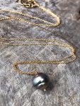 Tahitian Pearl Pendant Necklace - 14k Yellow Gold Filled - Single Genuine Baroque Tahitian Pearl - Silver/Bronze/Blue Saltwater Pearl