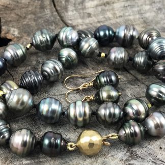 Tahitian Pearls Necklace Earrings Set / Genuine Multicolored Tahitian Saltwater Pearls / Solid 14k Gold