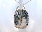 Tree Of Life Necklace - Solid 14k Yellow Gold - Cushion Cut Faceted Moss Agate - Genuine Blue Diamond Leaves - "Everlasting Oak"