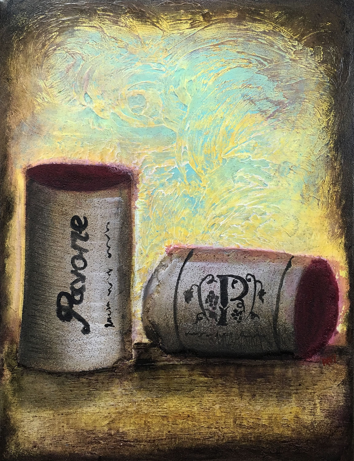 Two Wine Cork Original Painting by Artist Rafi Perez Mixed Medium Textured on Canvas 18X24