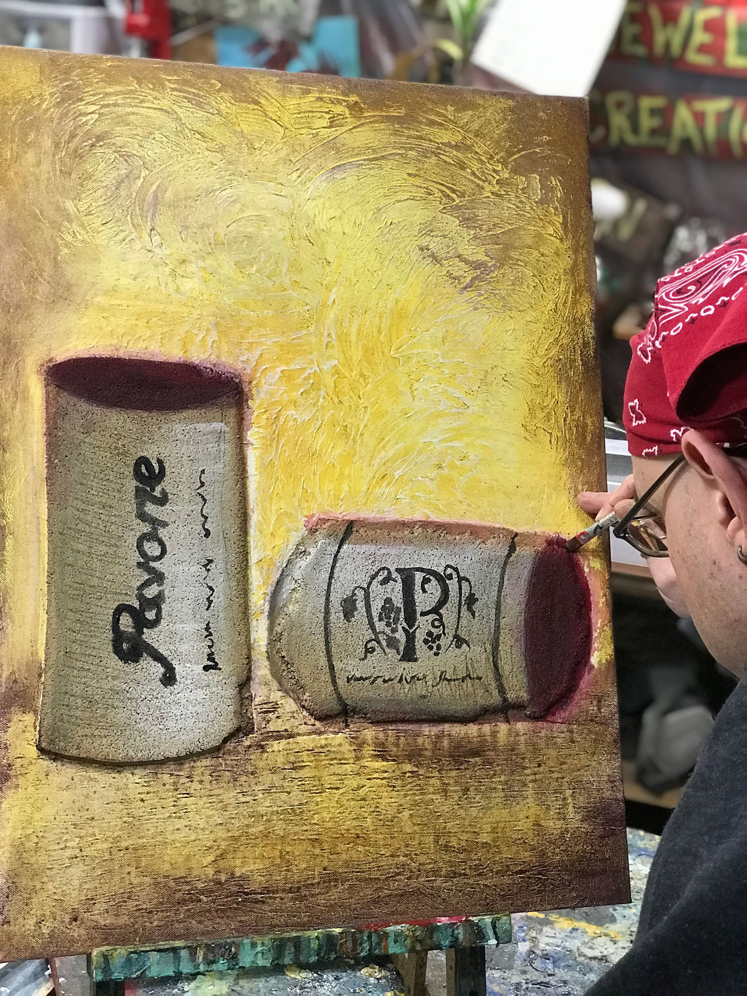 Two Wine Cork Original Painting by Artist Rafi Perez Mixed Medium Textured on Canvas 18X24 - Image 3