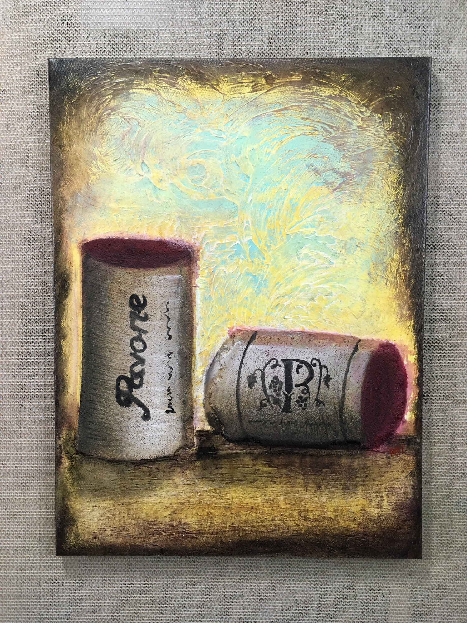 Two Wine Cork Original Painting by Artist Rafi Perez Mixed Medium Textured on Canvas 18X24 - Image 4