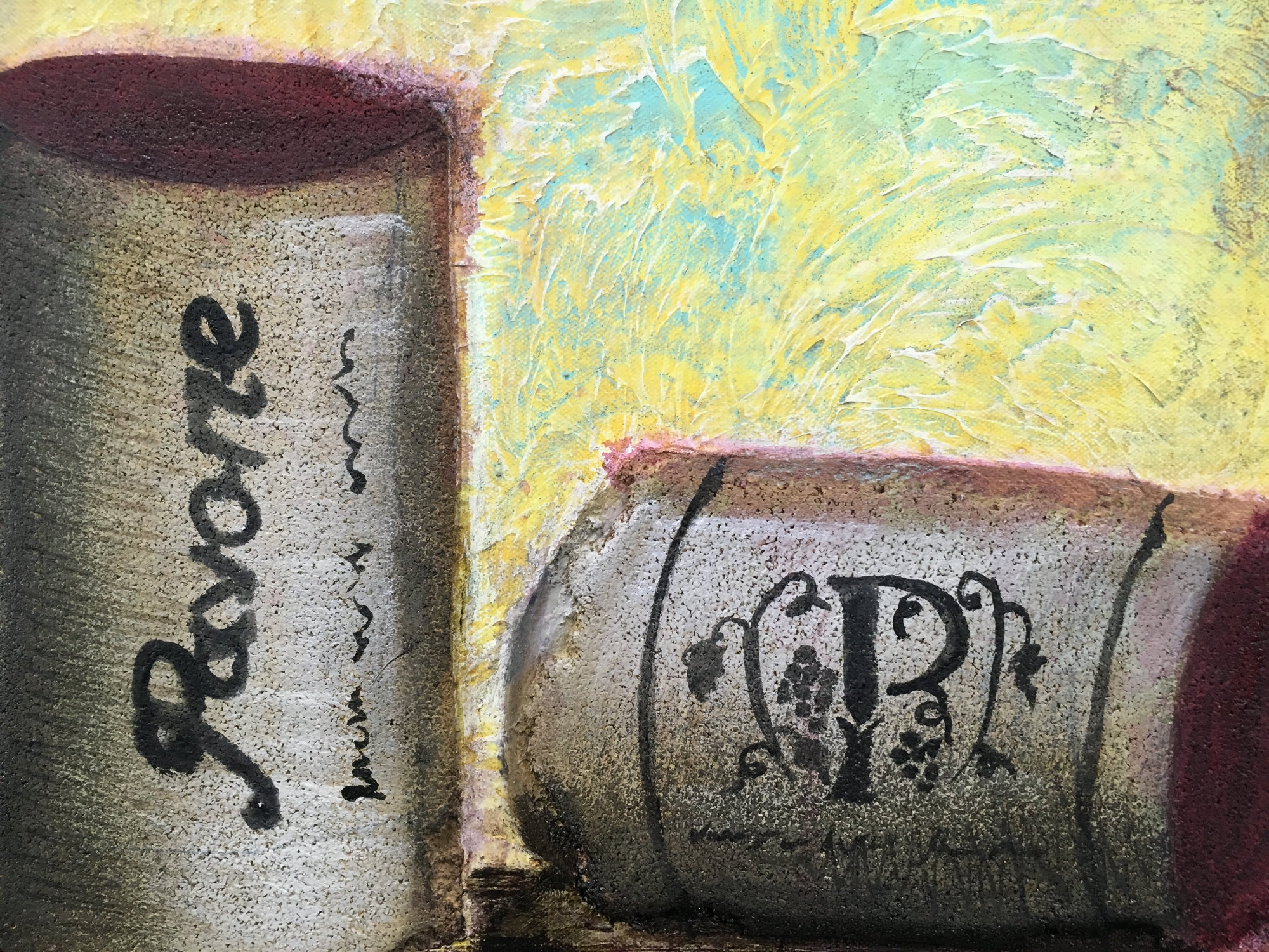 Two Wine Cork Original Painting by Artist Rafi Perez Mixed Medium Textured on Canvas 18X24 - Image 5