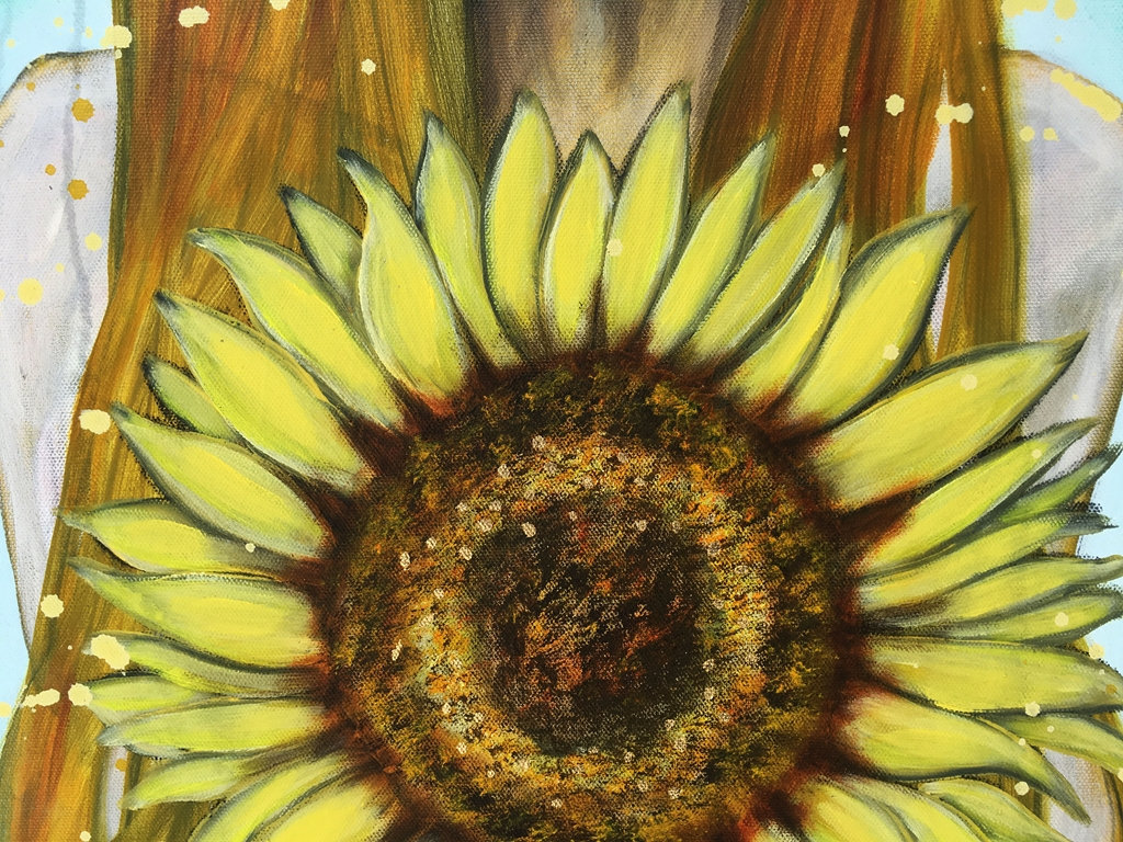 Vigilant Golden Sunflower Original Painting by artist Rafi Perez Mixed Medium and Gold Leaf on Canvas 18X24 - Image 3