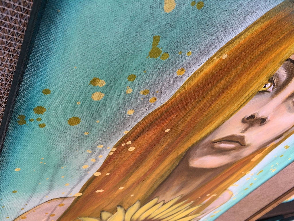 Vigilant Golden Sunflower Original Painting by artist Rafi Perez Mixed Medium and Gold Leaf on Canvas 18X24 - Image 4