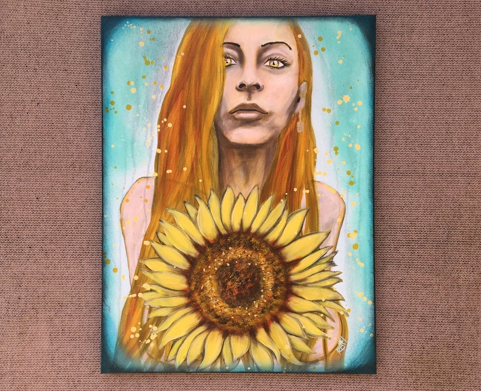 Vigilant Golden Sunflower Original Painting by artist Rafi Perez Mixed Medium and Gold Leaf on Canvas 18X24 - Image 7