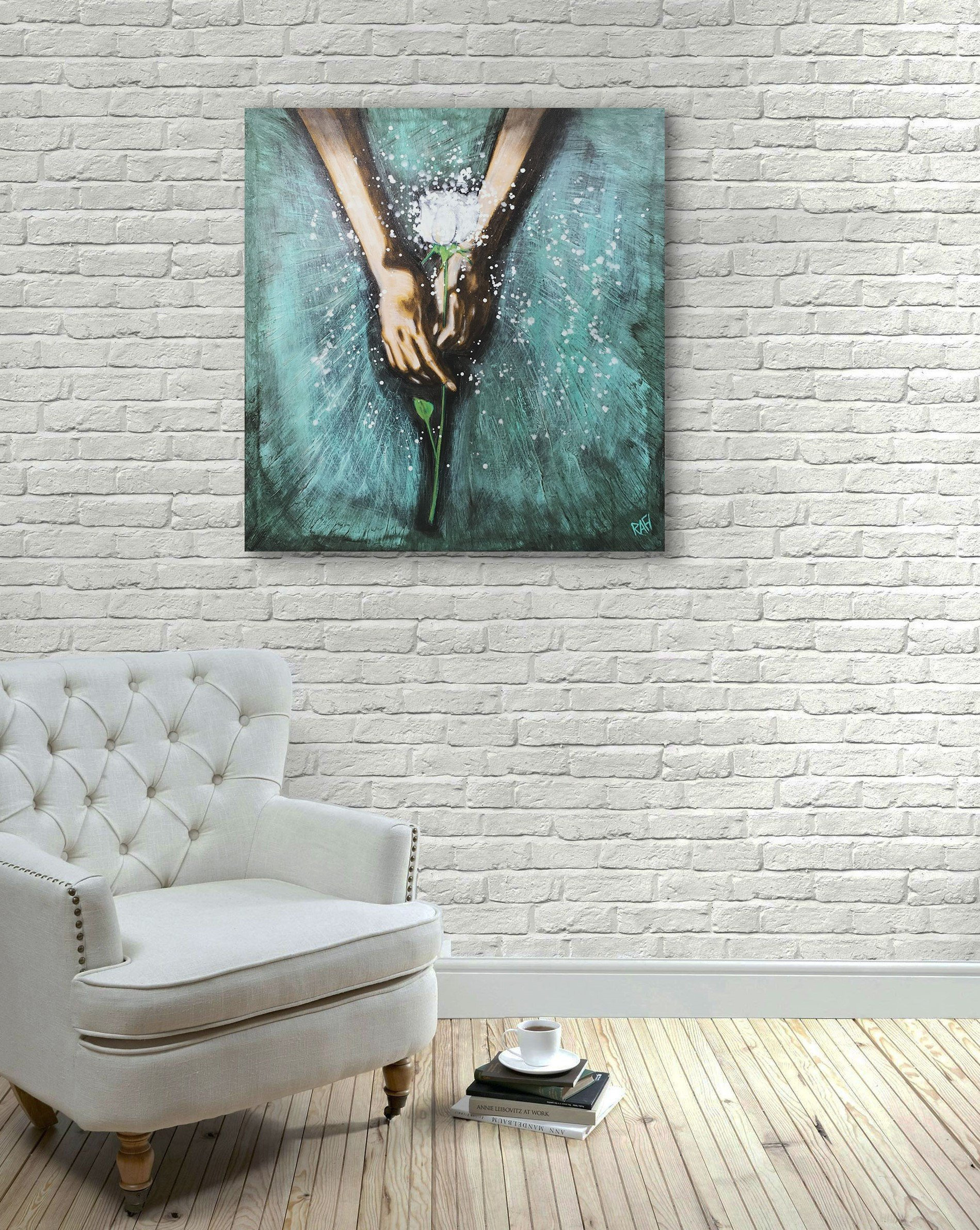 White Rose Textured Original Painting By Artist Rafi Perez on Canvas 36X38