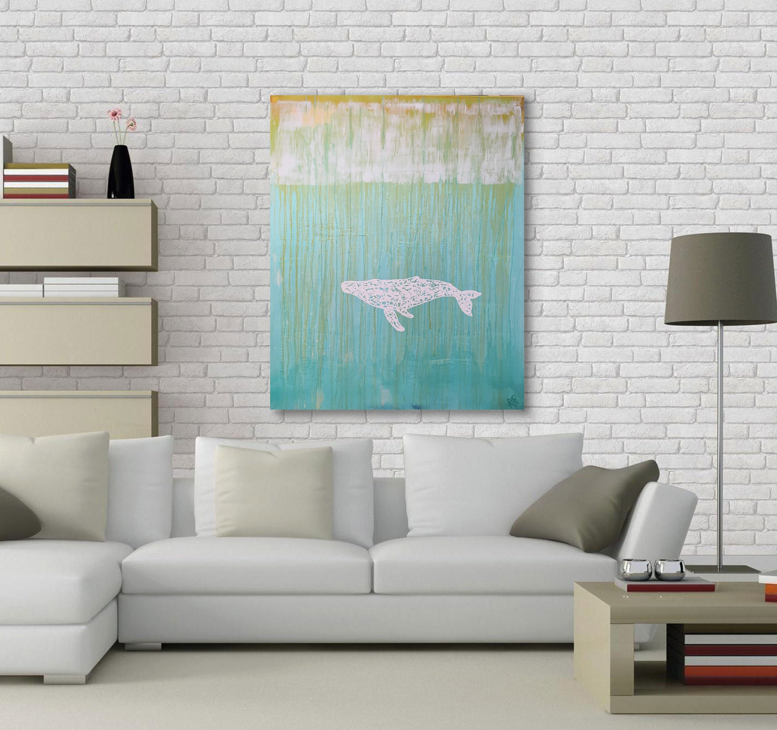 White Whale 1 Original Wall Art by Artist Rafi Perez Mixed Medium on Canvas 47X38