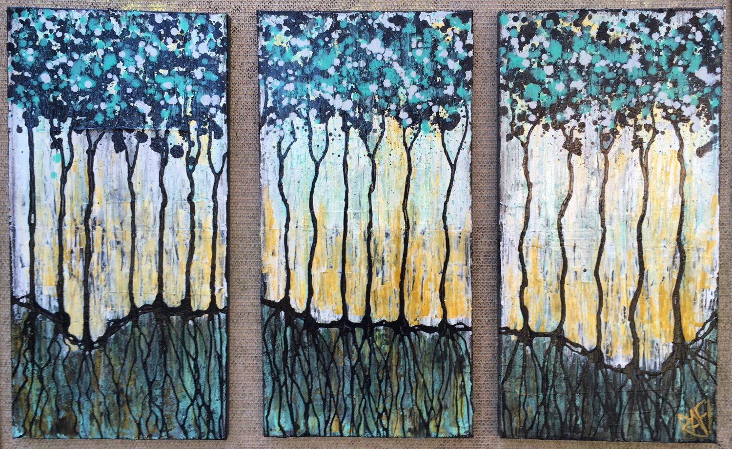 Wild Forest Magic Textured Original Painting By Artist Rafi Perez Mixed Medium On Canvas 30x20 Triptych - Image 2