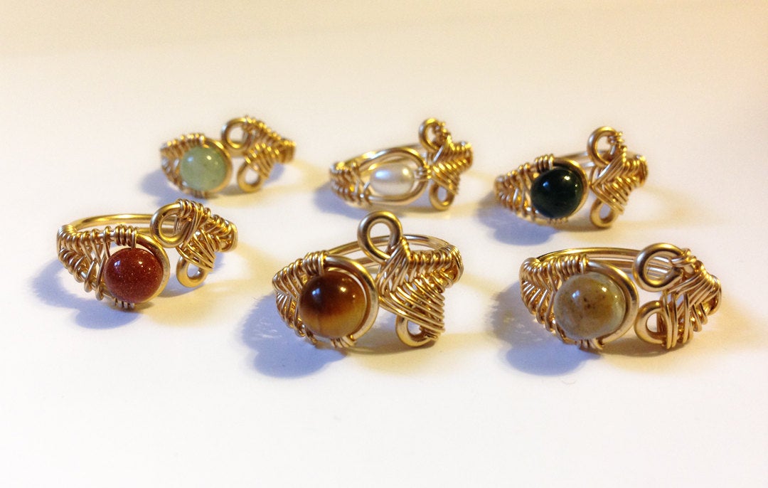 Yellow Gold Adjustable Rings – 14k Yellow Gold Filled – Semiprecious Gemstone Or Pearl
