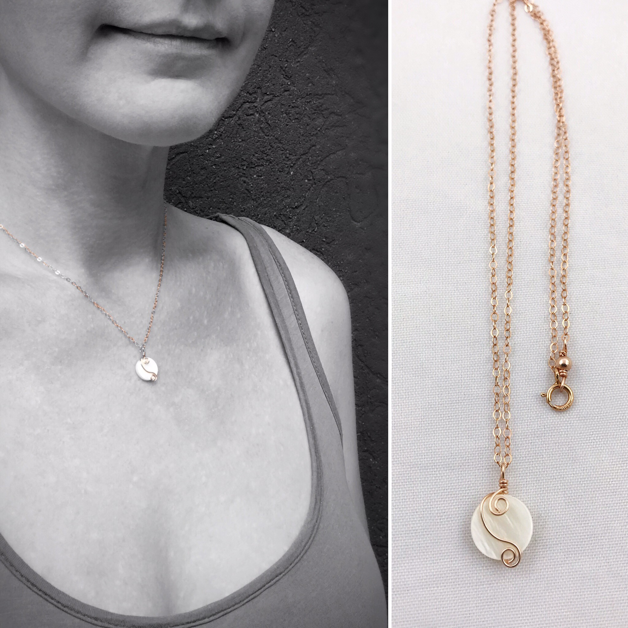 Rose Gold Mother Of Pearl Spiral Necklace – 14k Rose Gold Filled – Ivory Coin Shape MOP – Double Spiral Yin Yang Design