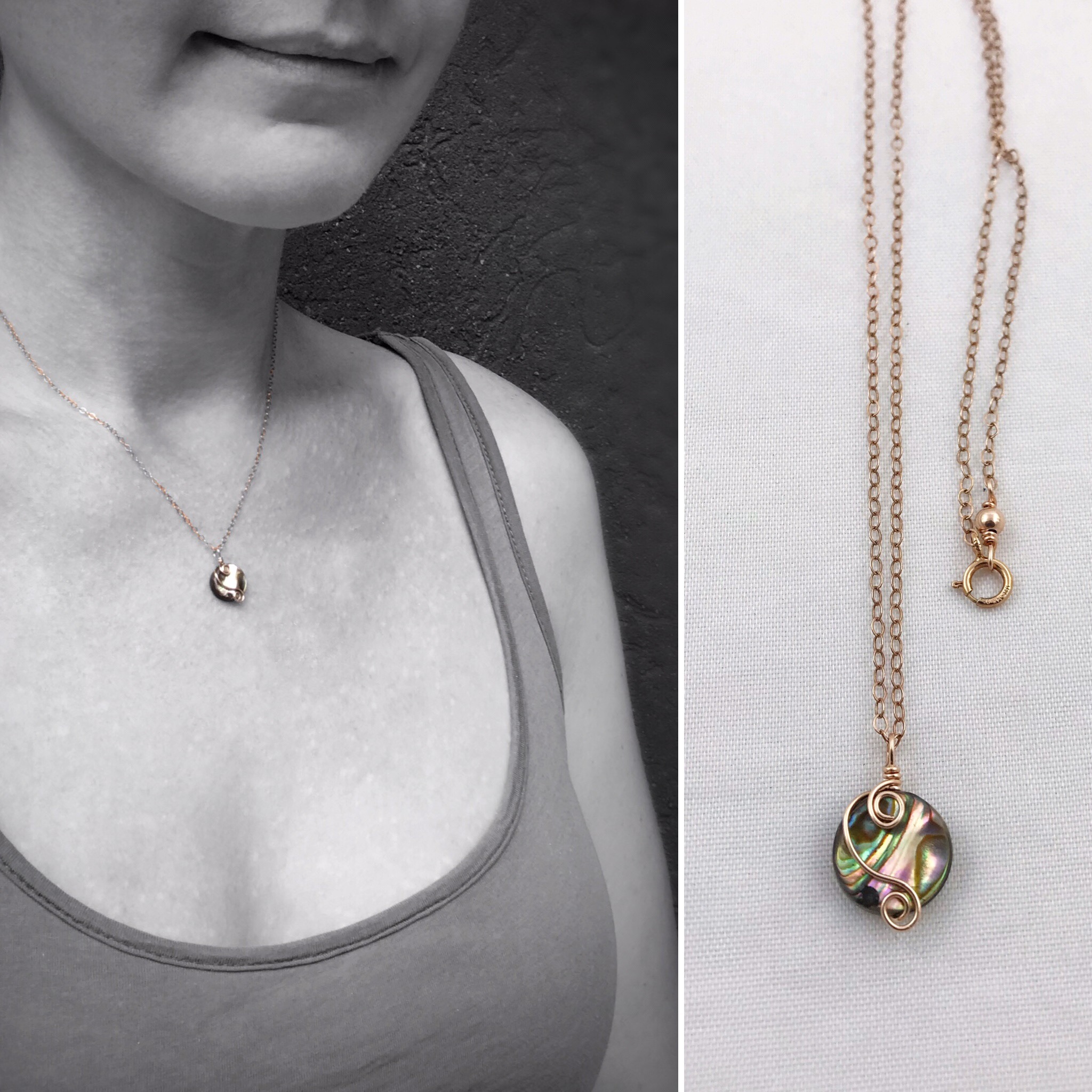 Rose Gold Abalone Spiral Necklace – 14k Rose Gold Filled – Abalone Coin Shape Shell – Double Spiral Yin Yang Design