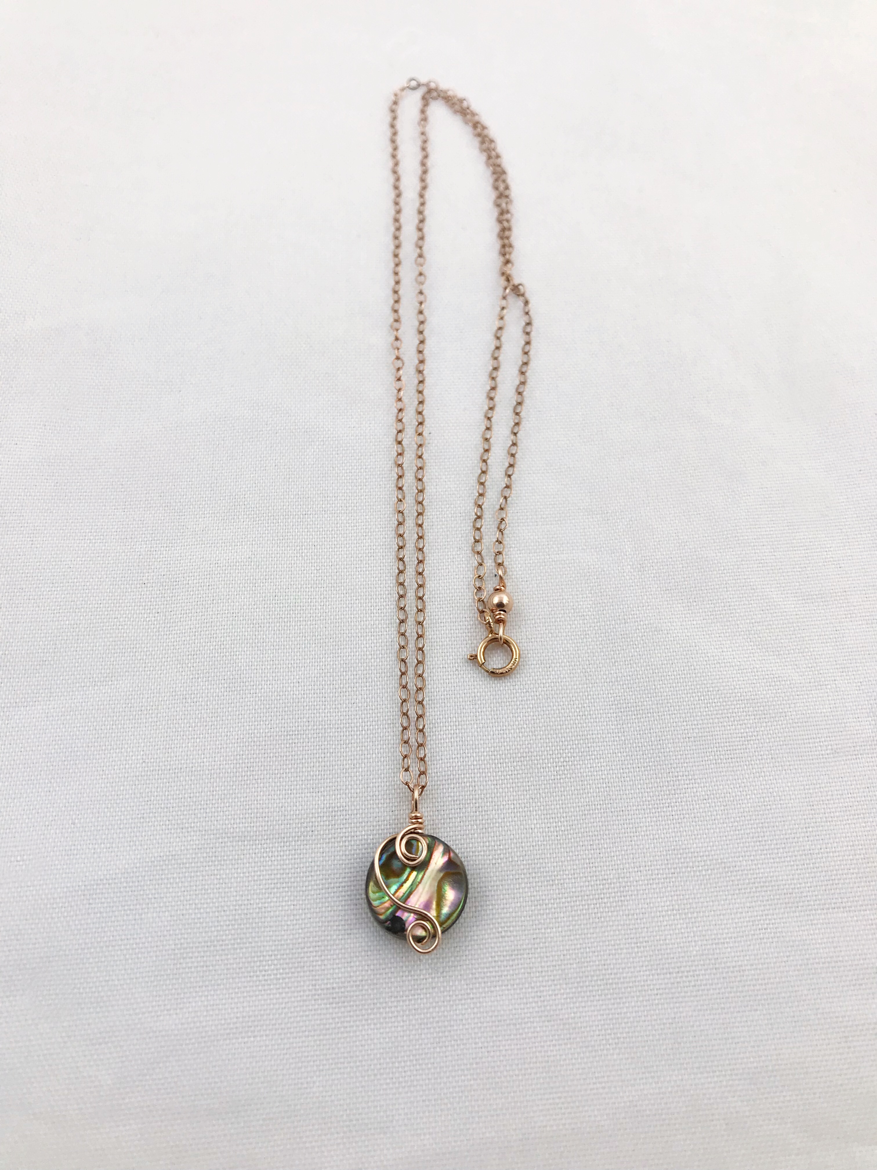 Rose Gold Abalone Spiral Necklace - 14k Rose Gold Filled - Abalone Coin Shape Shell - Double Spiral Yin Yang Design - Image 6