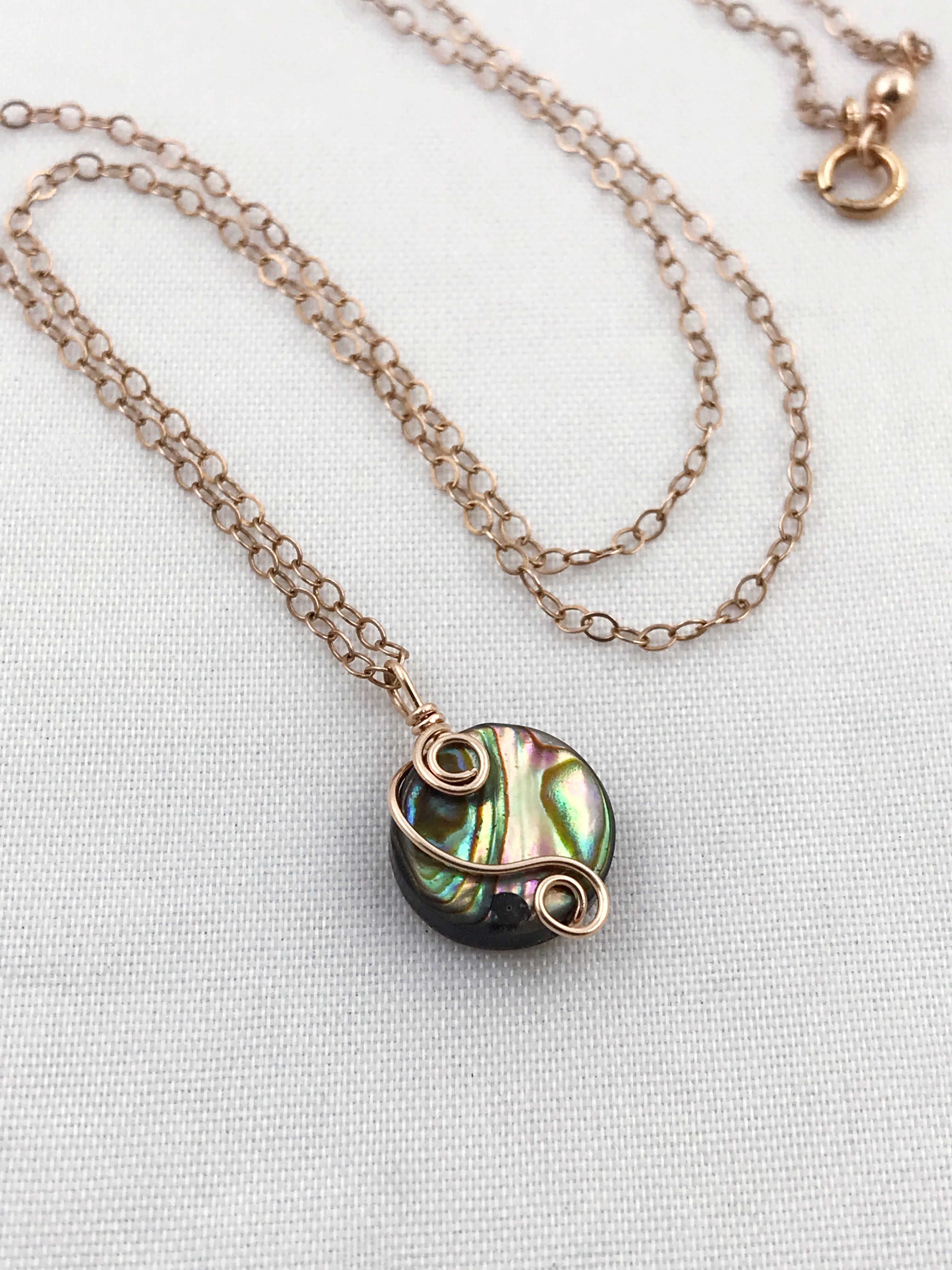 Rose Gold Abalone Spiral Necklace - 14k Rose Gold Filled - Abalone Coin Shape Shell - Double Spiral Yin Yang Design - Image 10