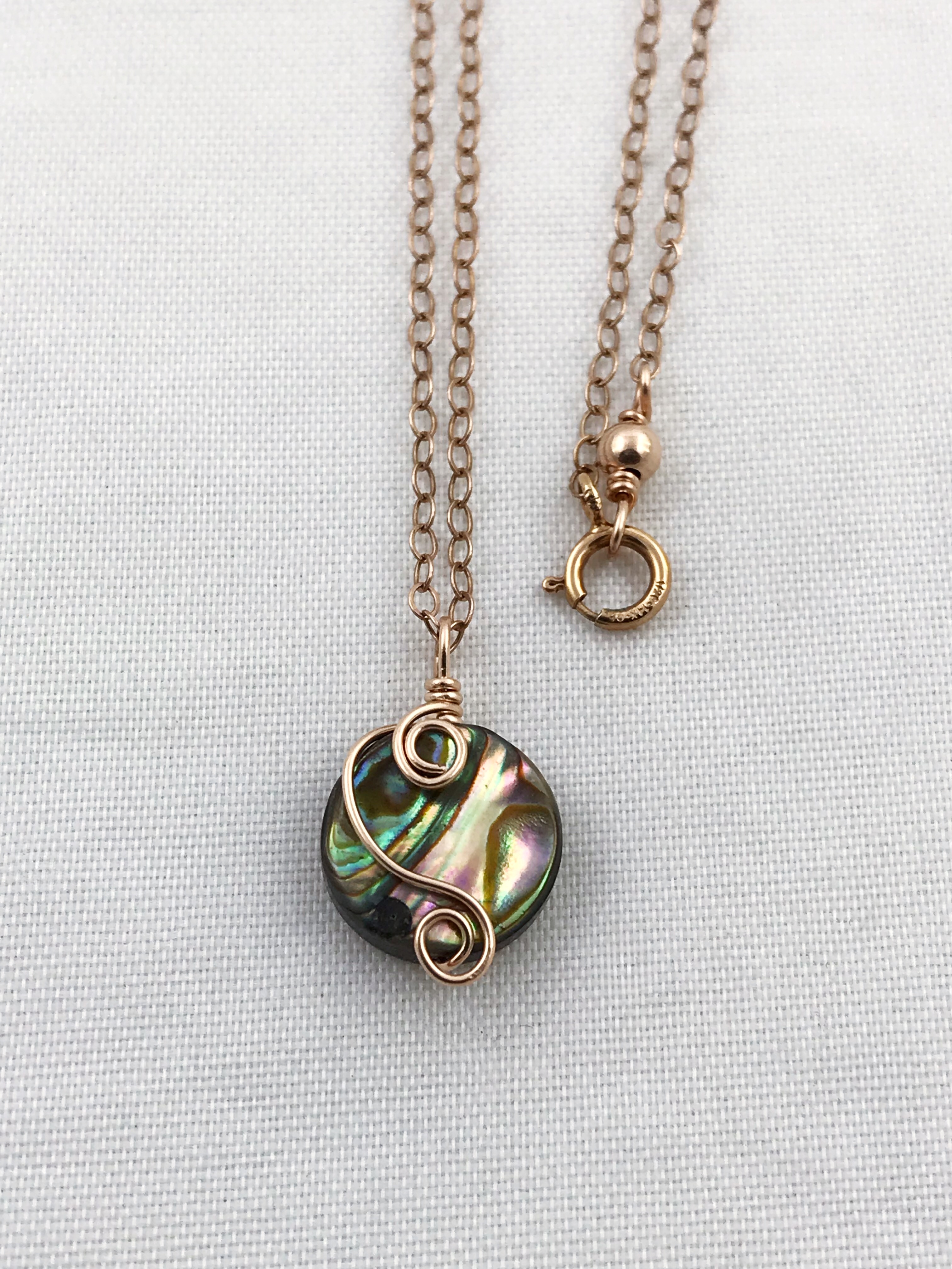 Rose Gold Abalone Spiral Necklace - 14k Rose Gold Filled - Abalone Coin Shape Shell - Double Spiral Yin Yang Design - Image 7