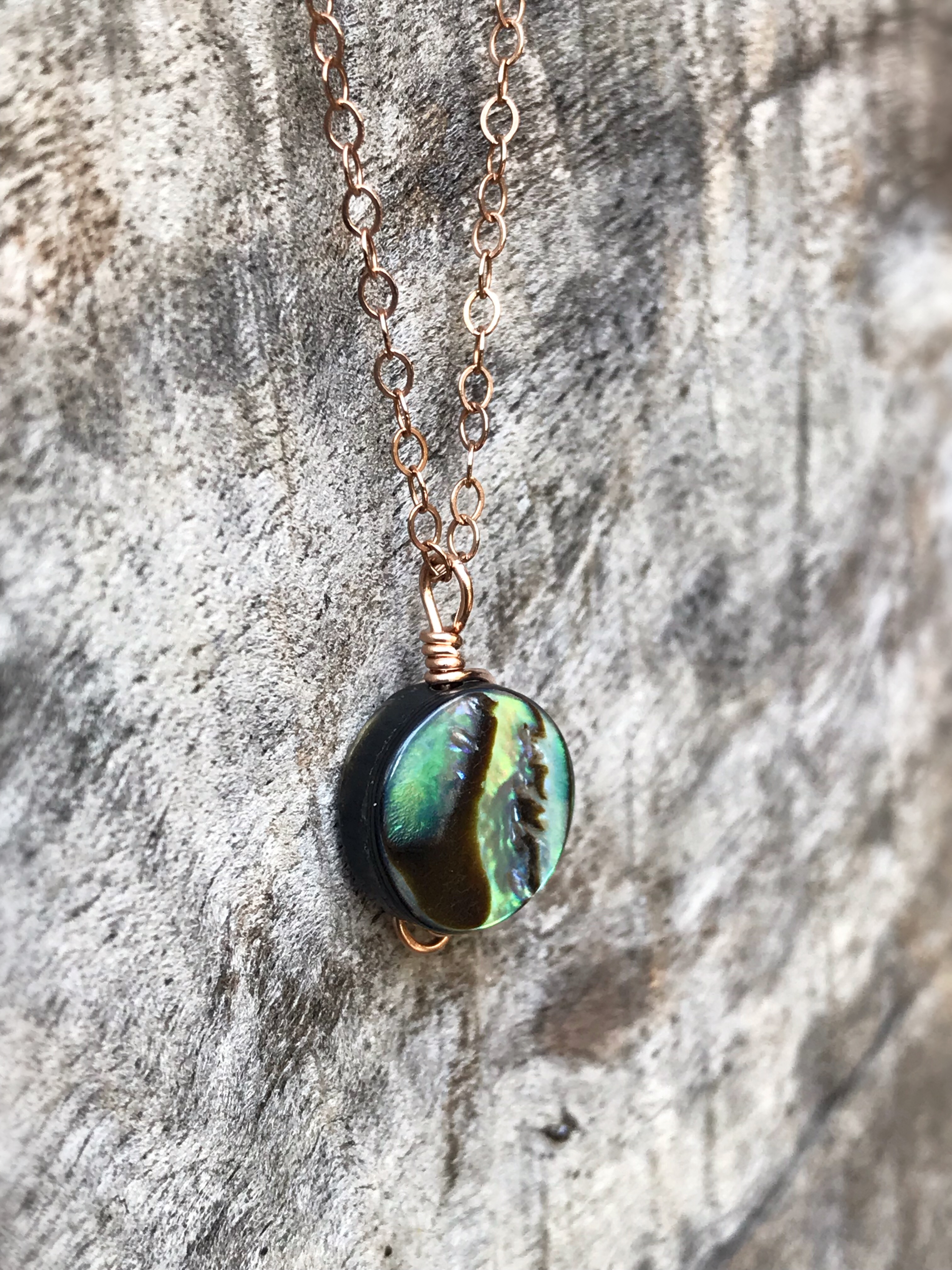 Rose Gold Abalone Spiral Necklace - 14k Rose Gold Filled - Abalone Coin Shape Shell - Double Spiral Yin Yang Design - Image 4