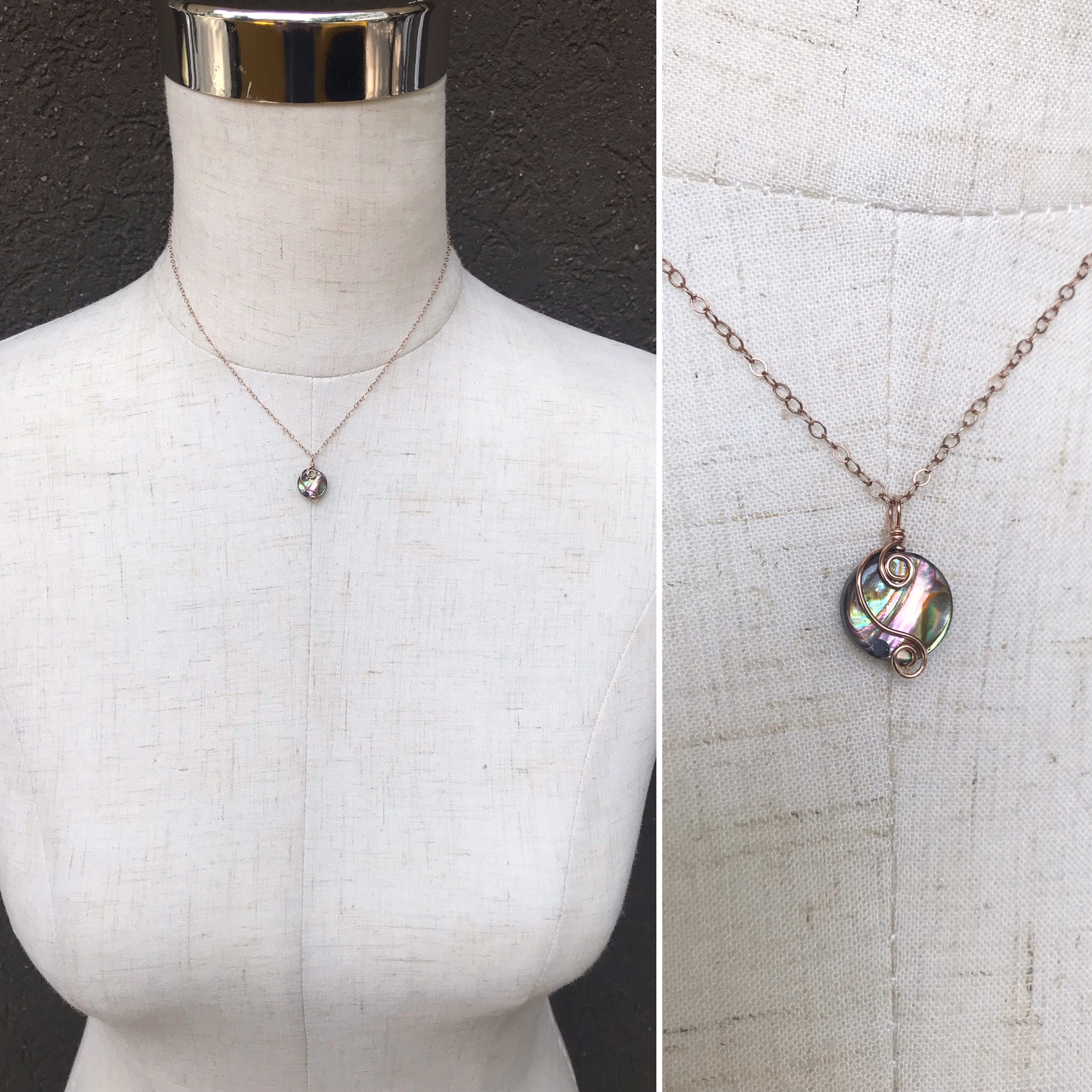 Rose Gold Abalone Spiral Necklace - 14k Rose Gold Filled - Abalone Coin Shape Shell - Double Spiral Yin Yang Design - Image 5