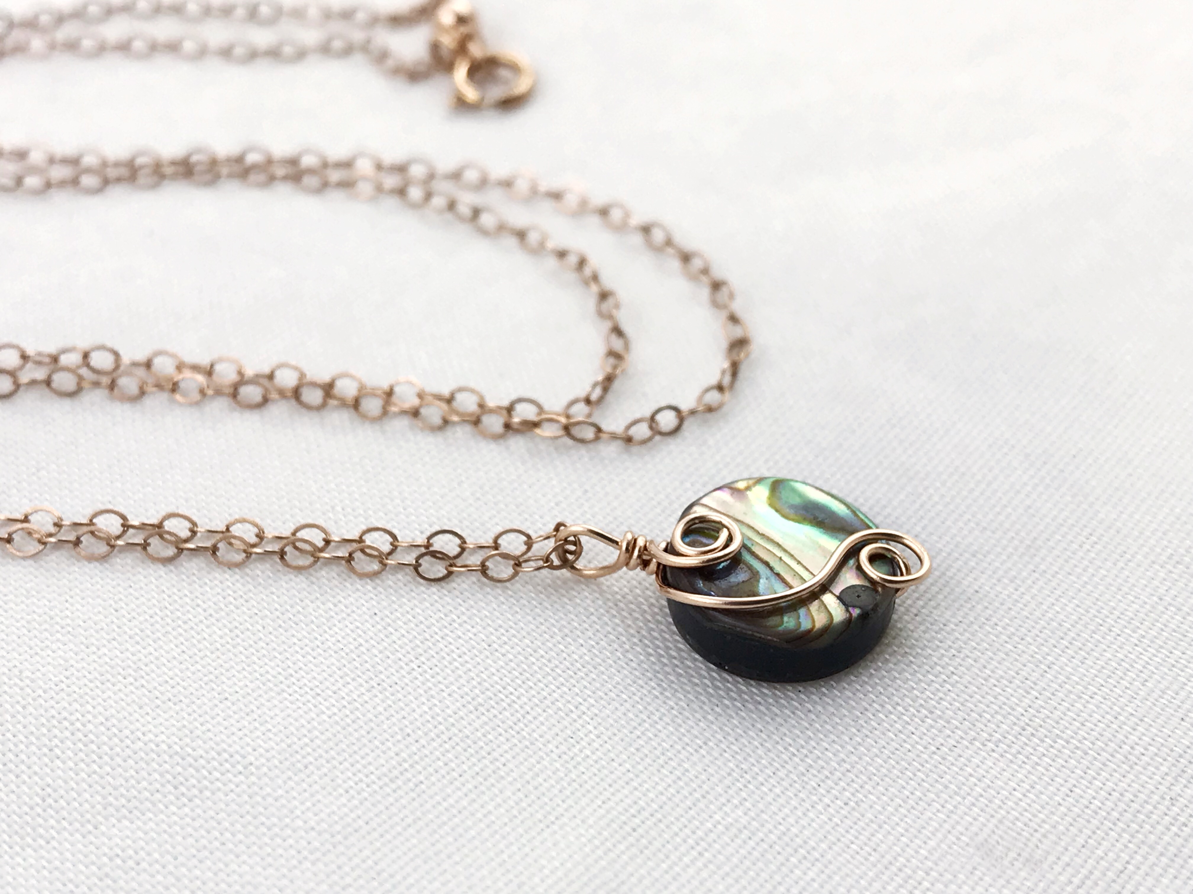 Rose Gold Abalone Spiral Necklace - 14k Rose Gold Filled - Abalone Coin Shape Shell - Double Spiral Yin Yang Design - Image 9