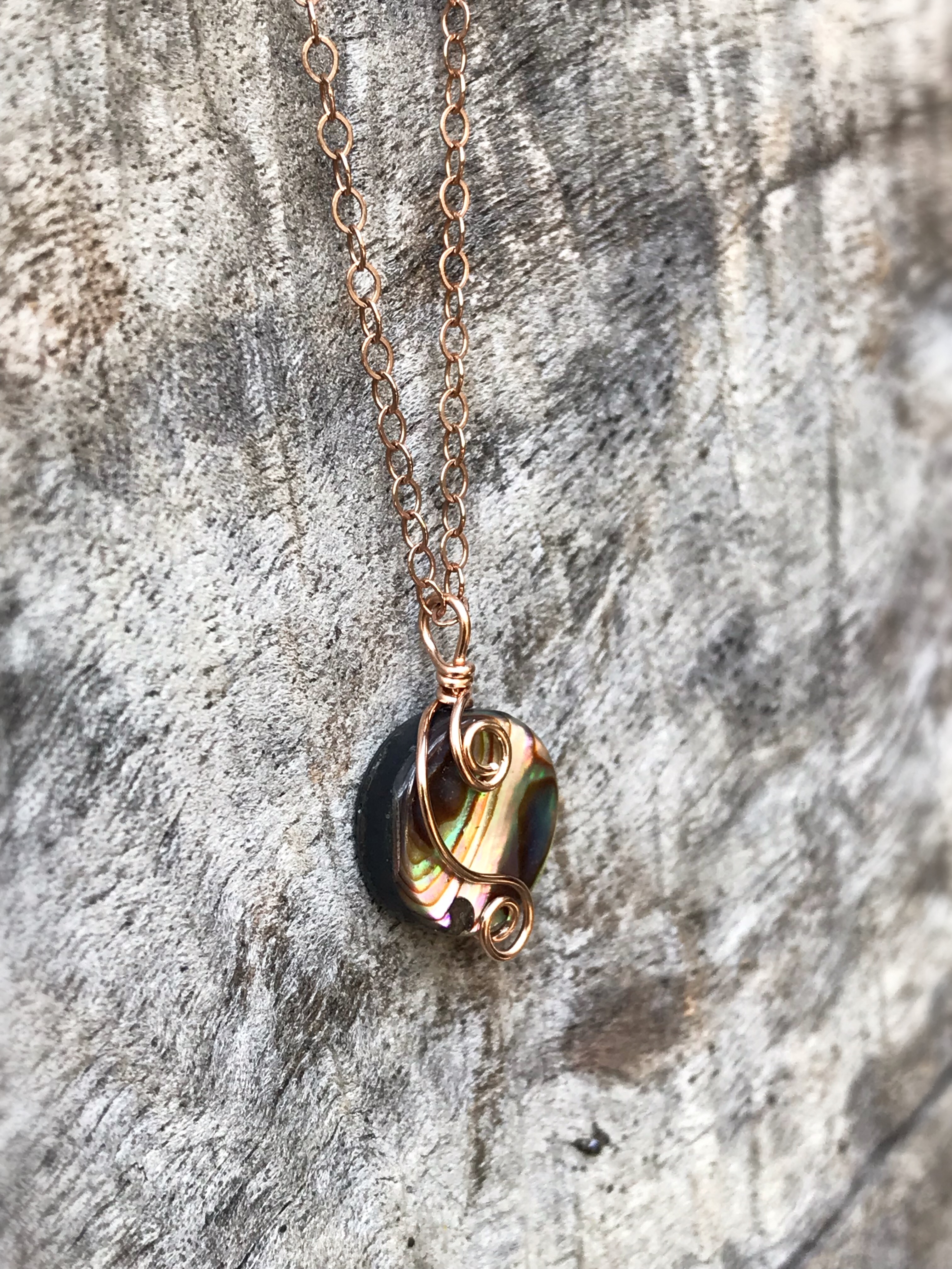 Rose Gold Abalone Spiral Necklace - 14k Rose Gold Filled - Abalone Coin Shape Shell - Double Spiral Yin Yang Design - Image 3