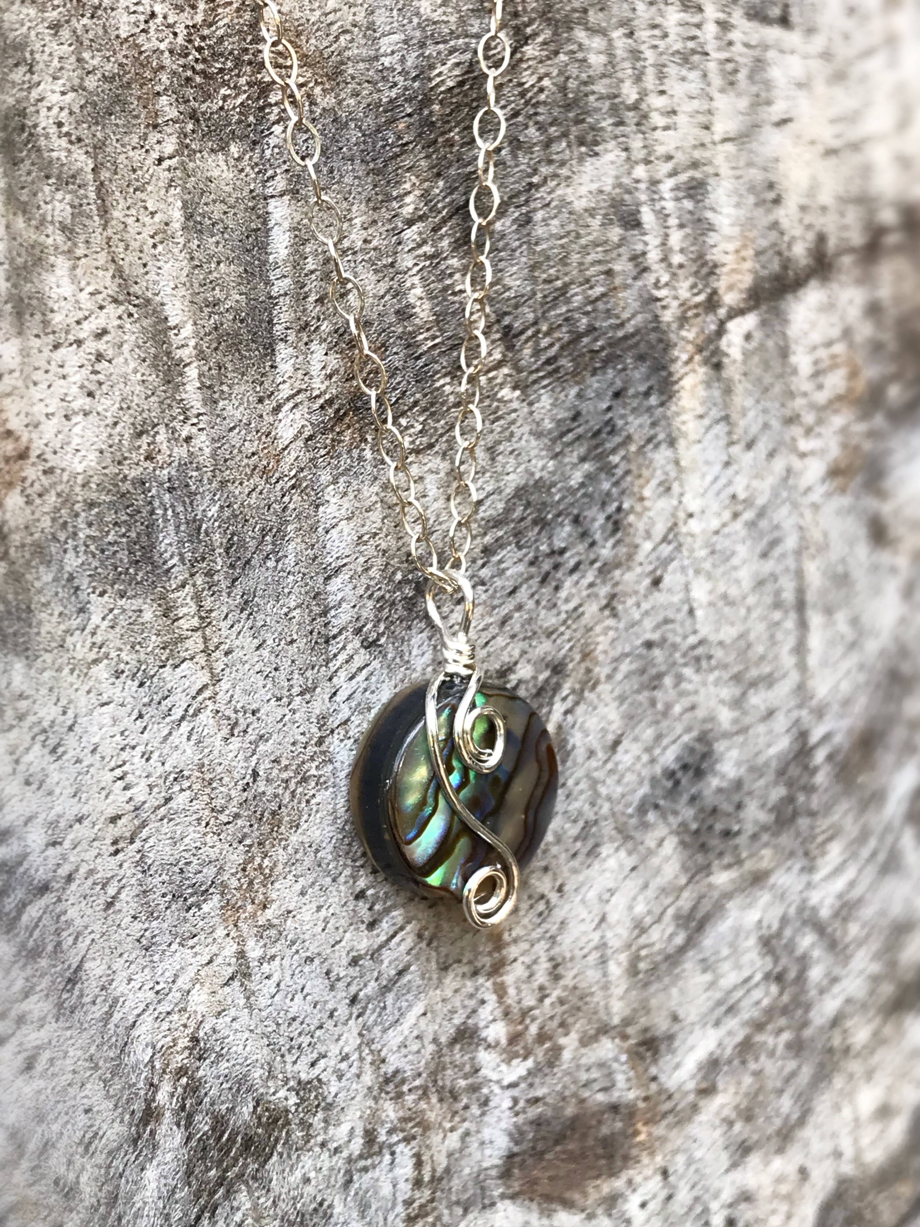 Silver Abalone Spiral Necklace - Solid Sterling Silver - Abalone Coin Shape Shell - Double Spiral Yin Yang Design - Image 3