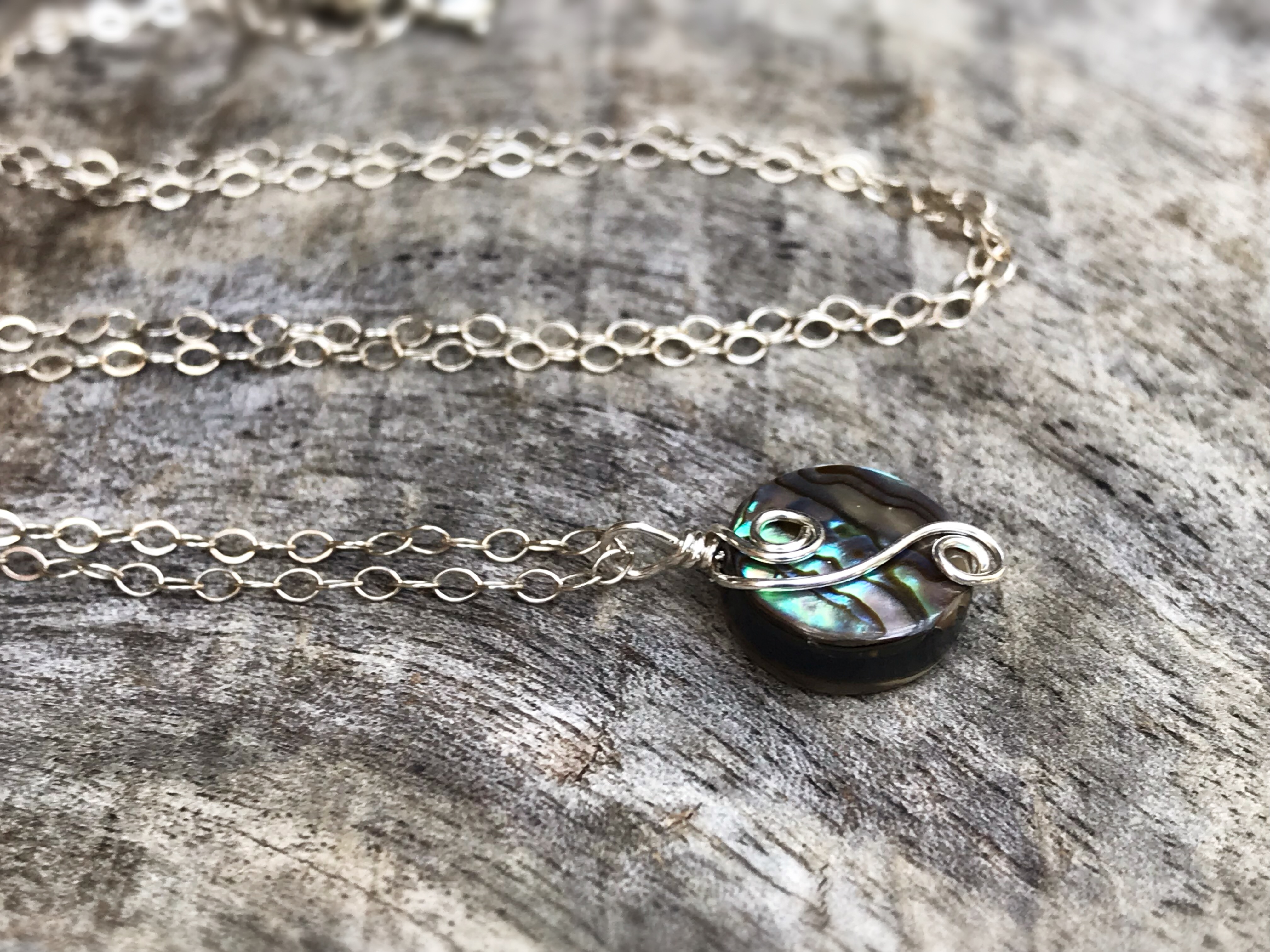 Silver Abalone Spiral Necklace - Solid Sterling Silver - Abalone Coin Shape Shell - Double Spiral Yin Yang Design - Image 2
