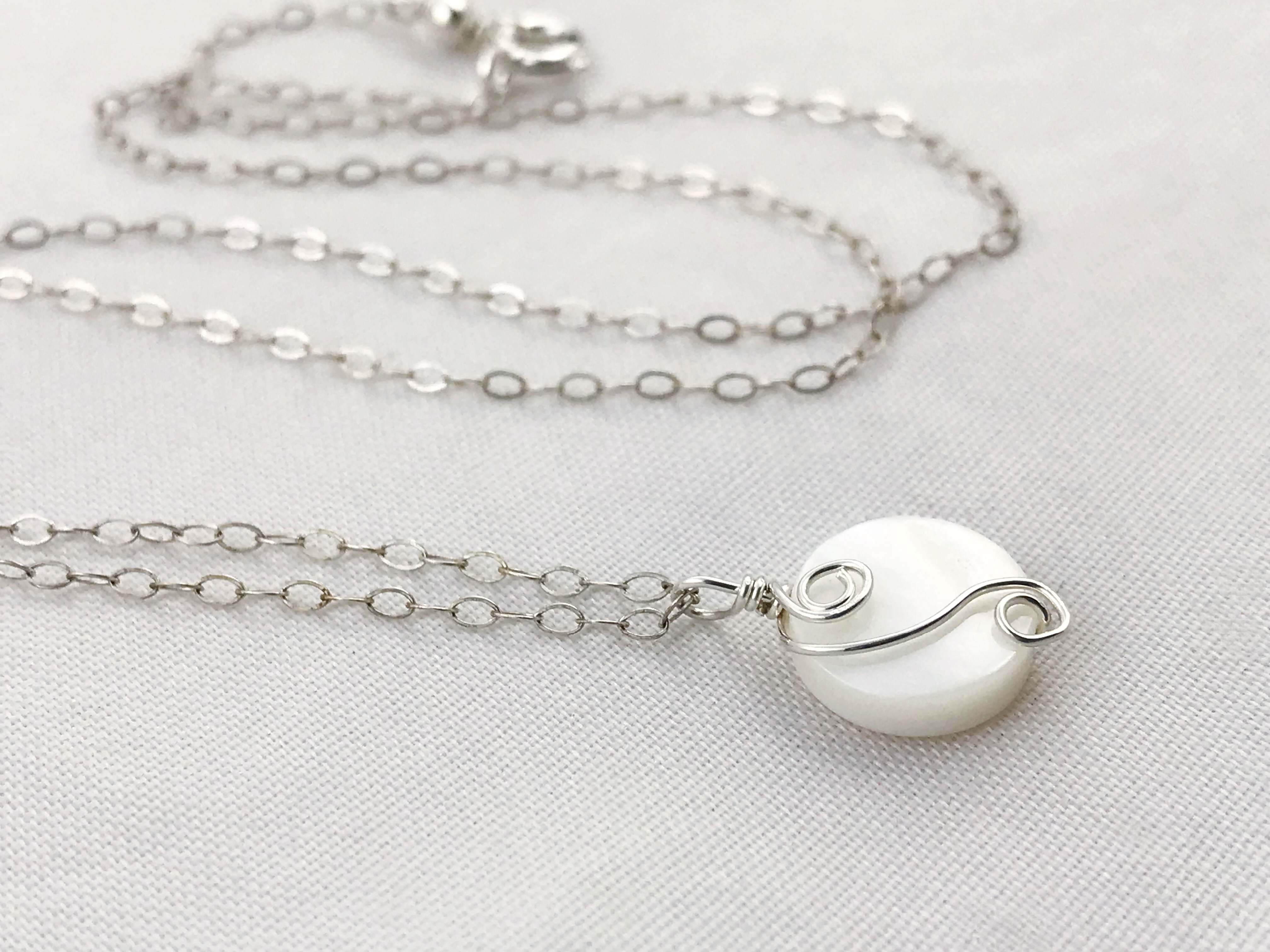 Silver Mother Of Pearl Spiral Necklace - Solid Sterling Silver - Ivory Coin Shape MOP - Double Spiral Yin Yang Design - Image 9