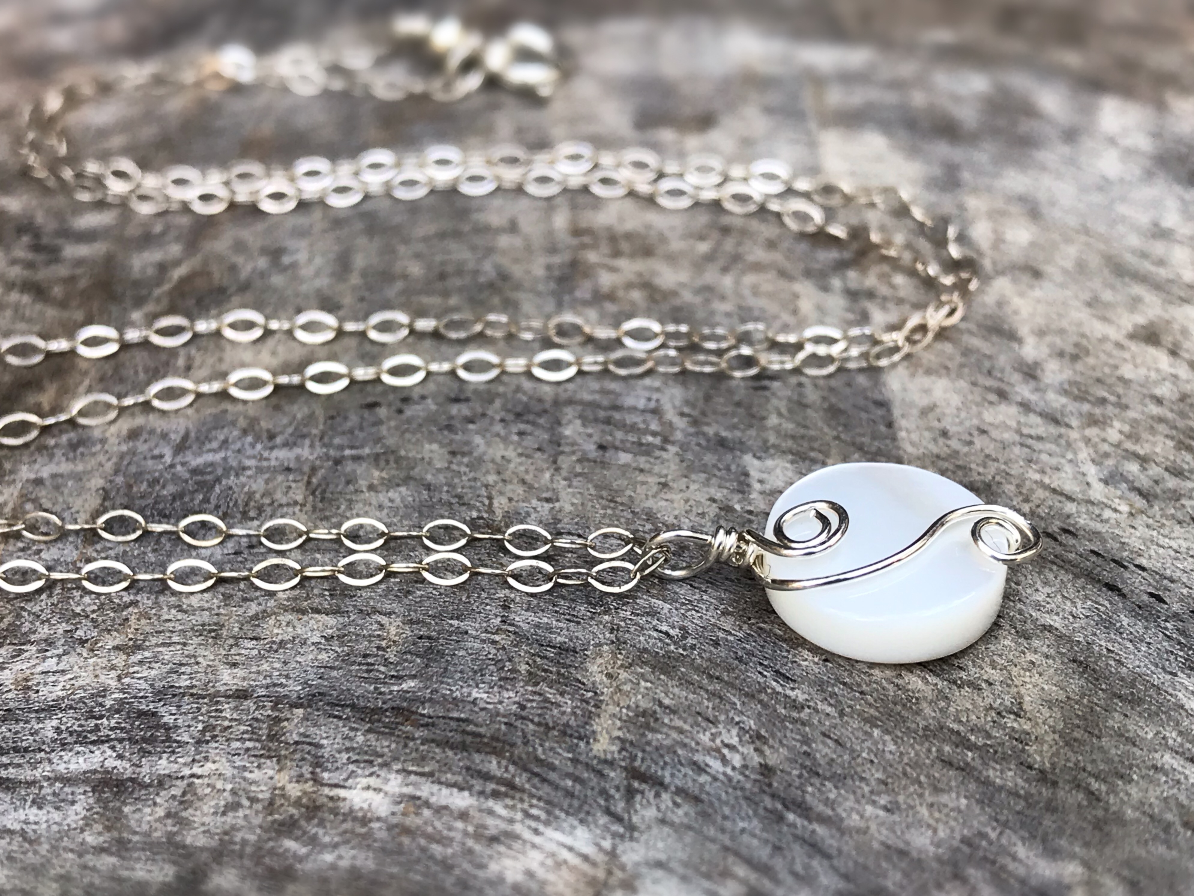 Silver Mother Of Pearl Spiral Necklace - Solid Sterling Silver - Ivory Coin Shape MOP - Double Spiral Yin Yang Design - Image 2