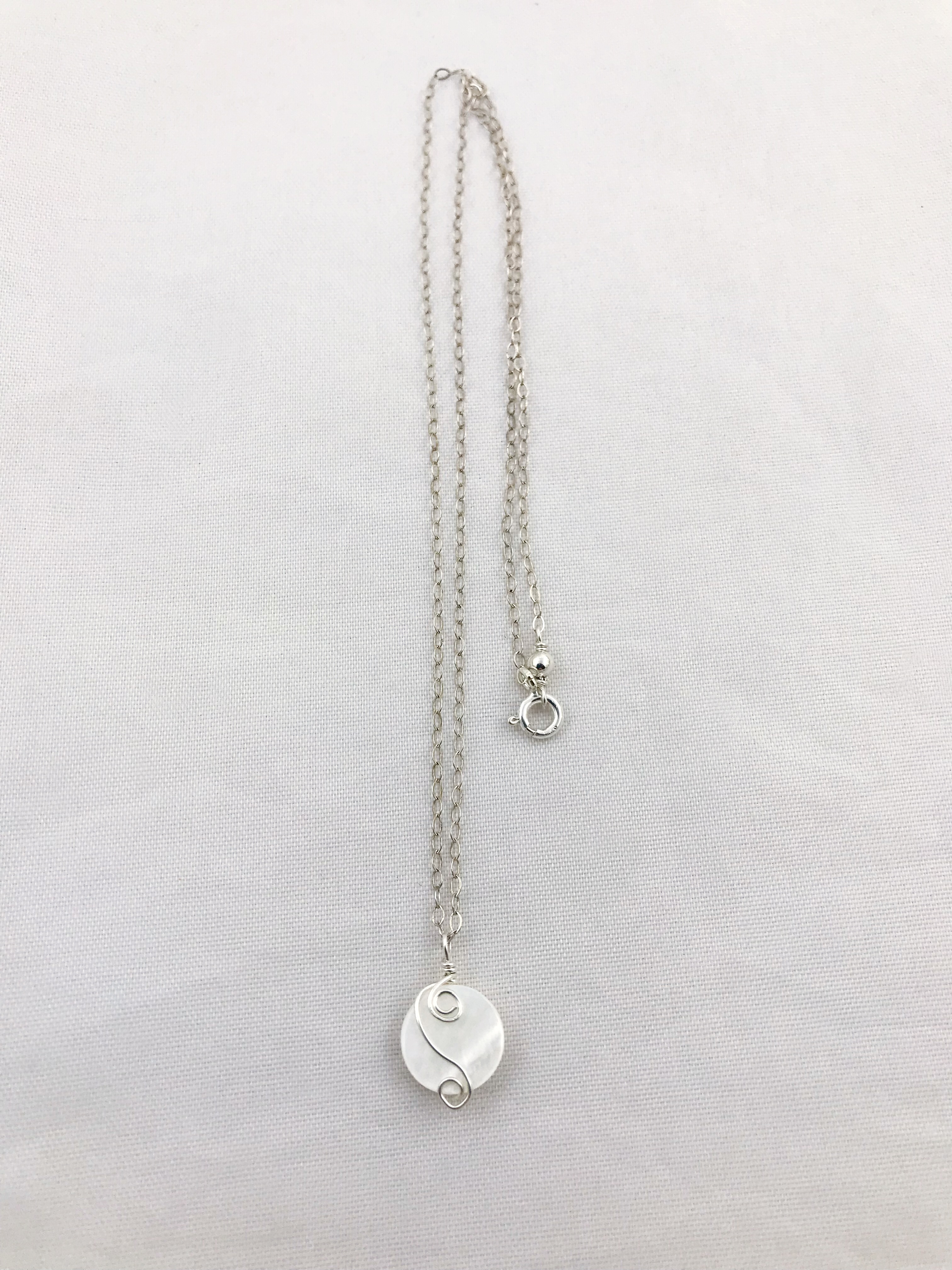 Silver Mother Of Pearl Spiral Necklace - Solid Sterling Silver - Ivory Coin Shape MOP - Double Spiral Yin Yang Design - Image 6