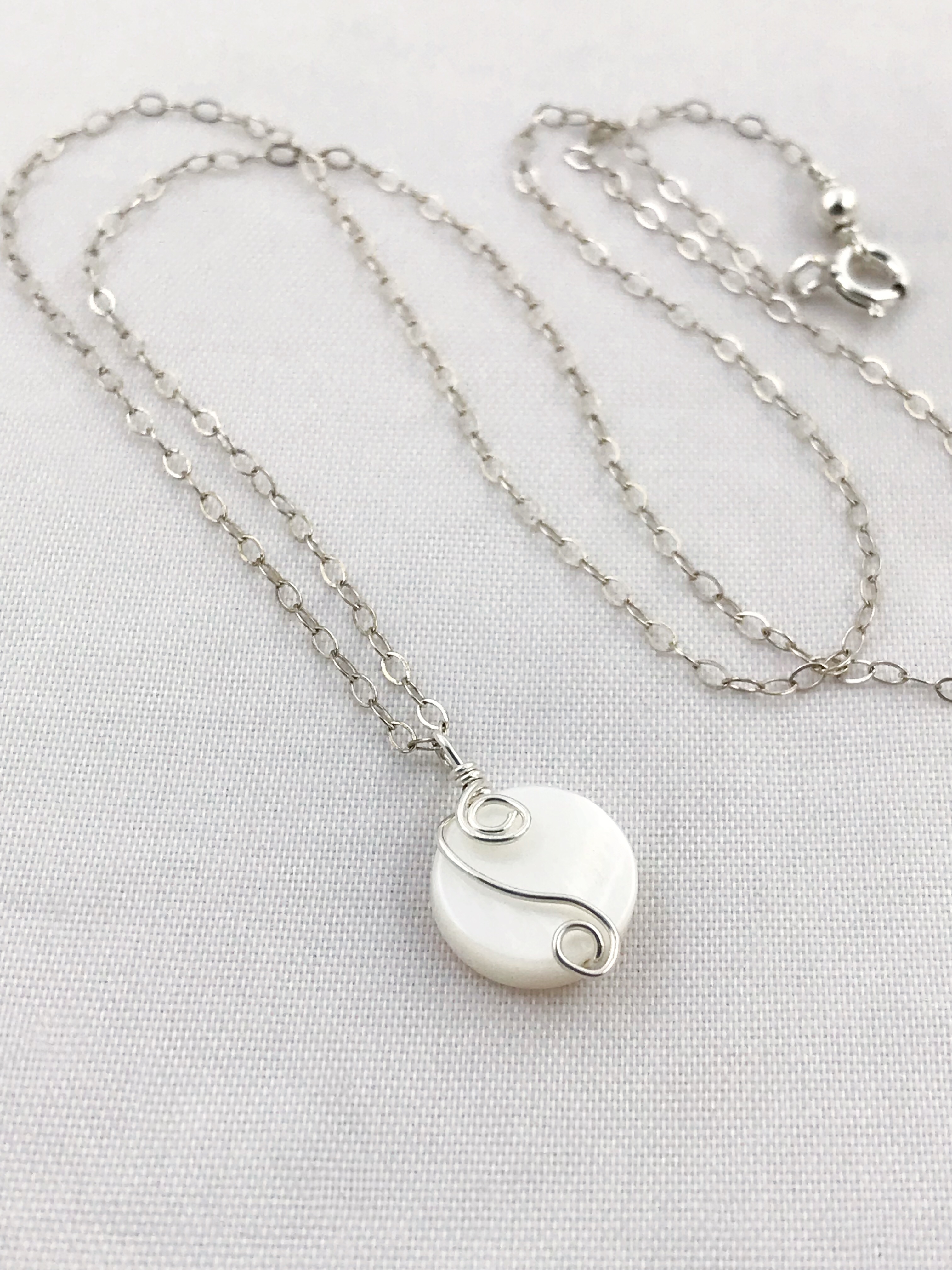Silver Mother Of Pearl Spiral Necklace - Solid Sterling Silver - Ivory Coin Shape MOP - Double Spiral Yin Yang Design - Image 10