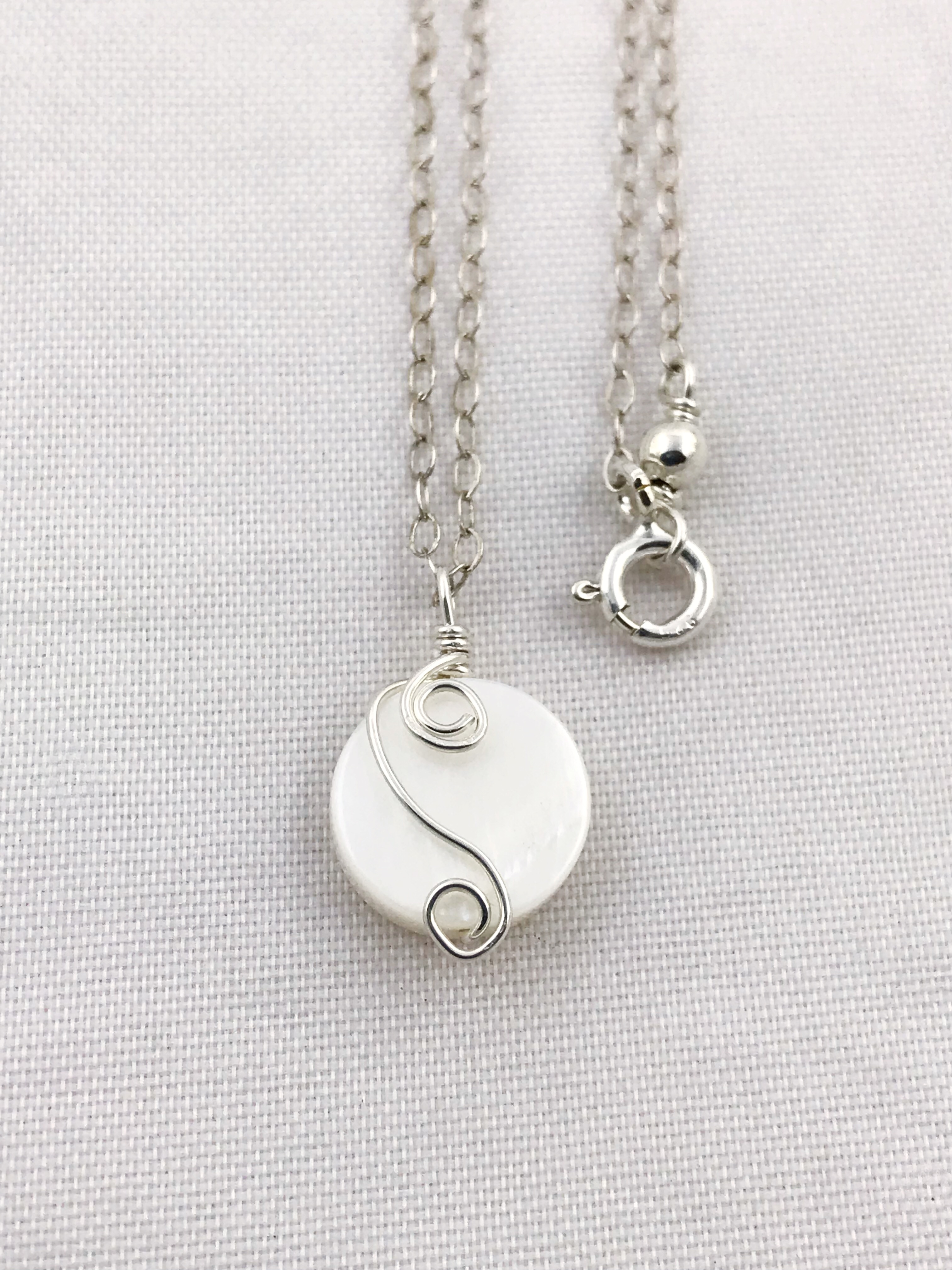 Silver Mother Of Pearl Spiral Necklace - Solid Sterling Silver - Ivory Coin Shape MOP - Double Spiral Yin Yang Design - Image 7