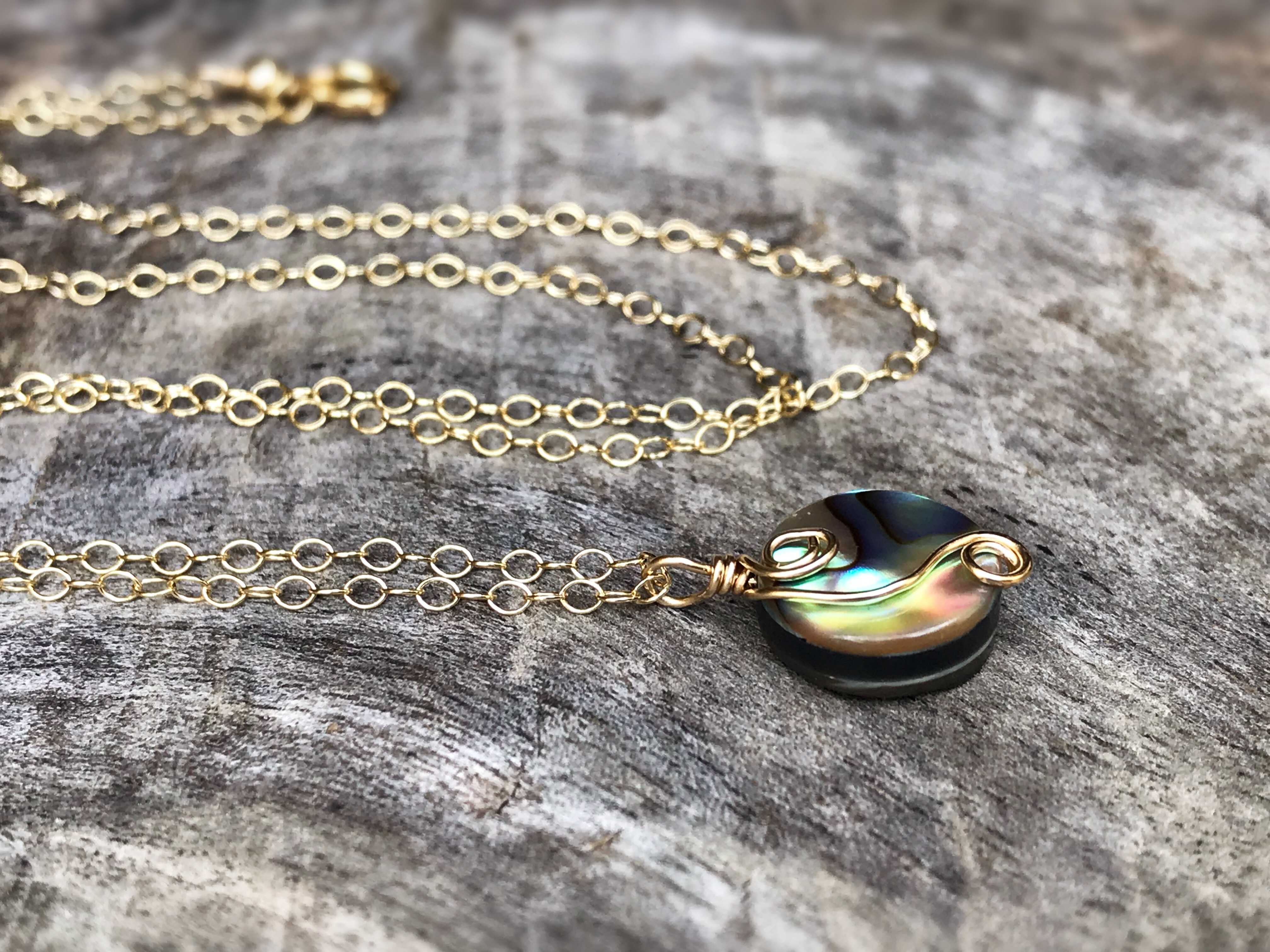 Gold Abalone Spiral Necklace - 14k Yellow Gold Filled - Abalone Coin Shape Shell - Double Spiral Yin Yang Design - Image 2