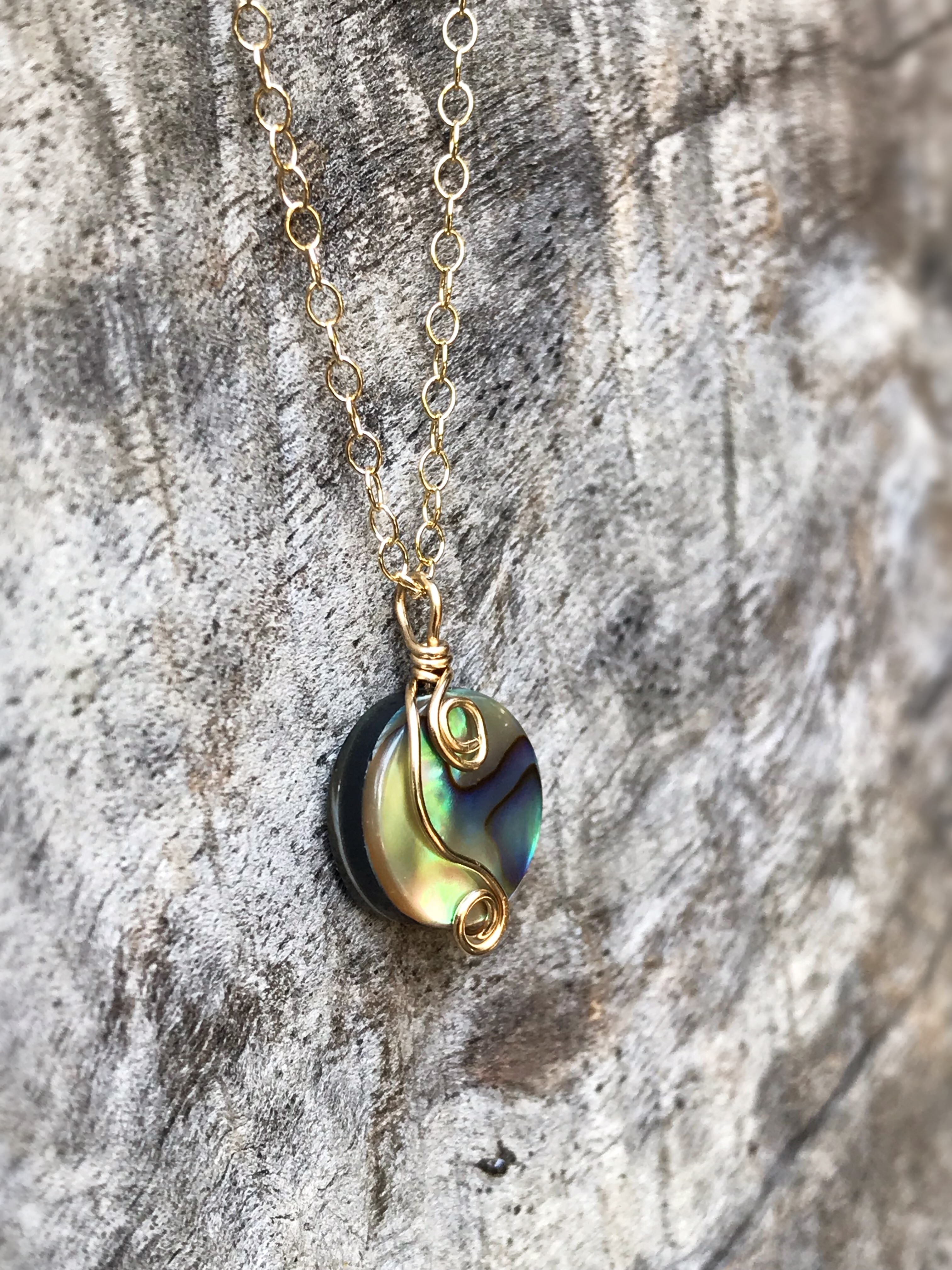 Gold Abalone Spiral Necklace - 14k Yellow Gold Filled - Abalone Coin Shape Shell - Double Spiral Yin Yang Design - Image 3