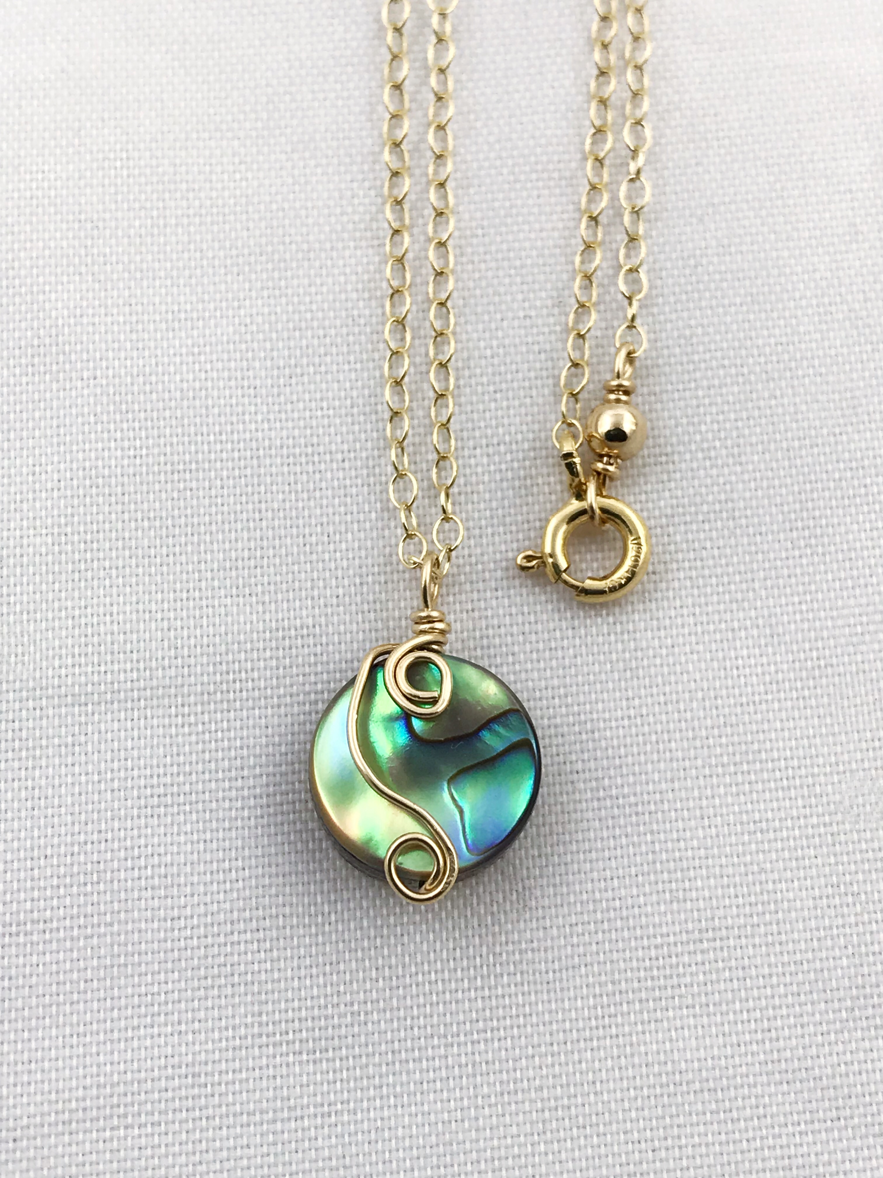 Gold Abalone Spiral Necklace - 14k Yellow Gold Filled - Abalone Coin Shape Shell - Double Spiral Yin Yang Design - Image 7