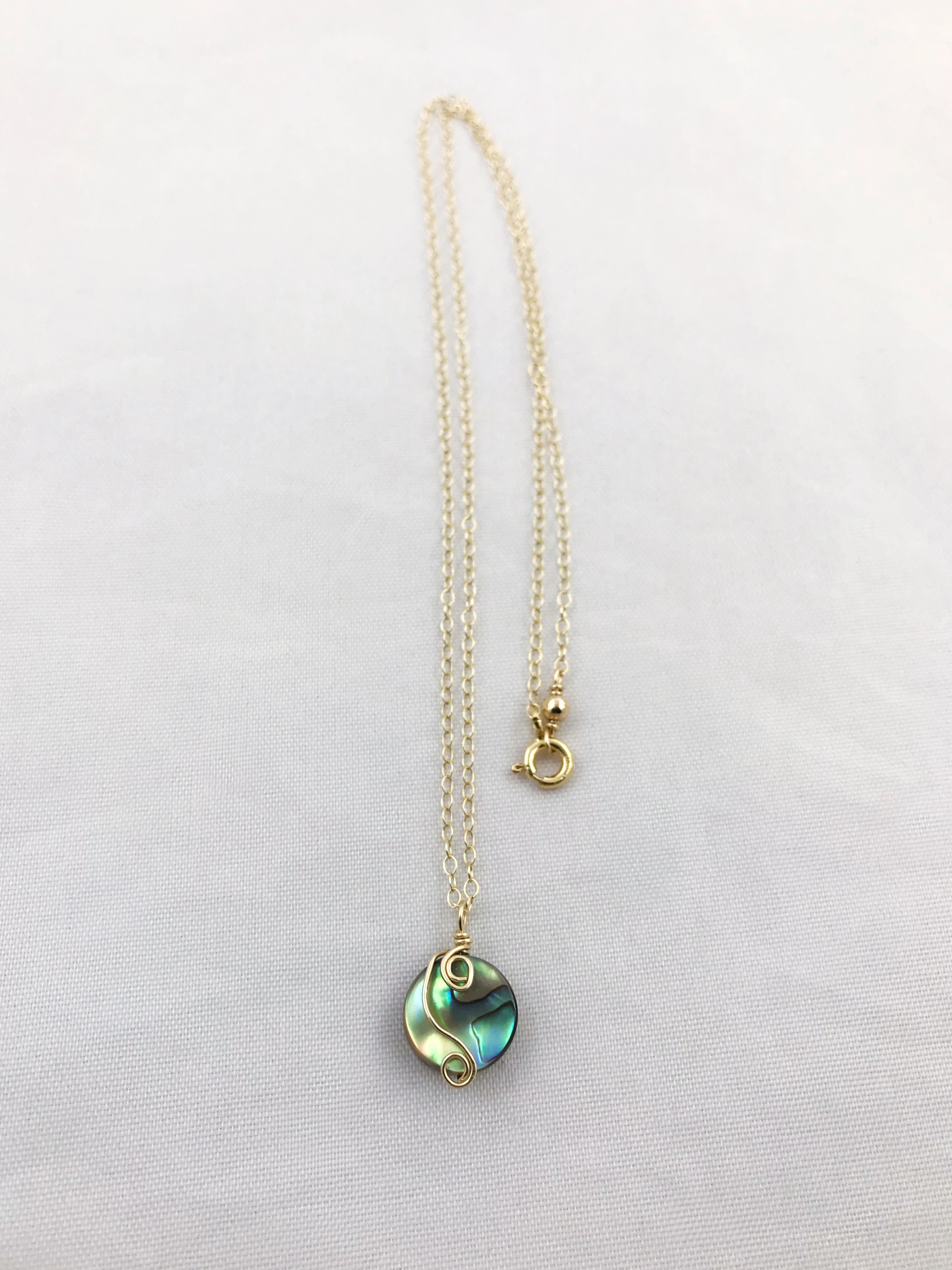 Gold Abalone Spiral Necklace - 14k Yellow Gold Filled - Abalone Coin Shape Shell - Double Spiral Yin Yang Design - Image 6