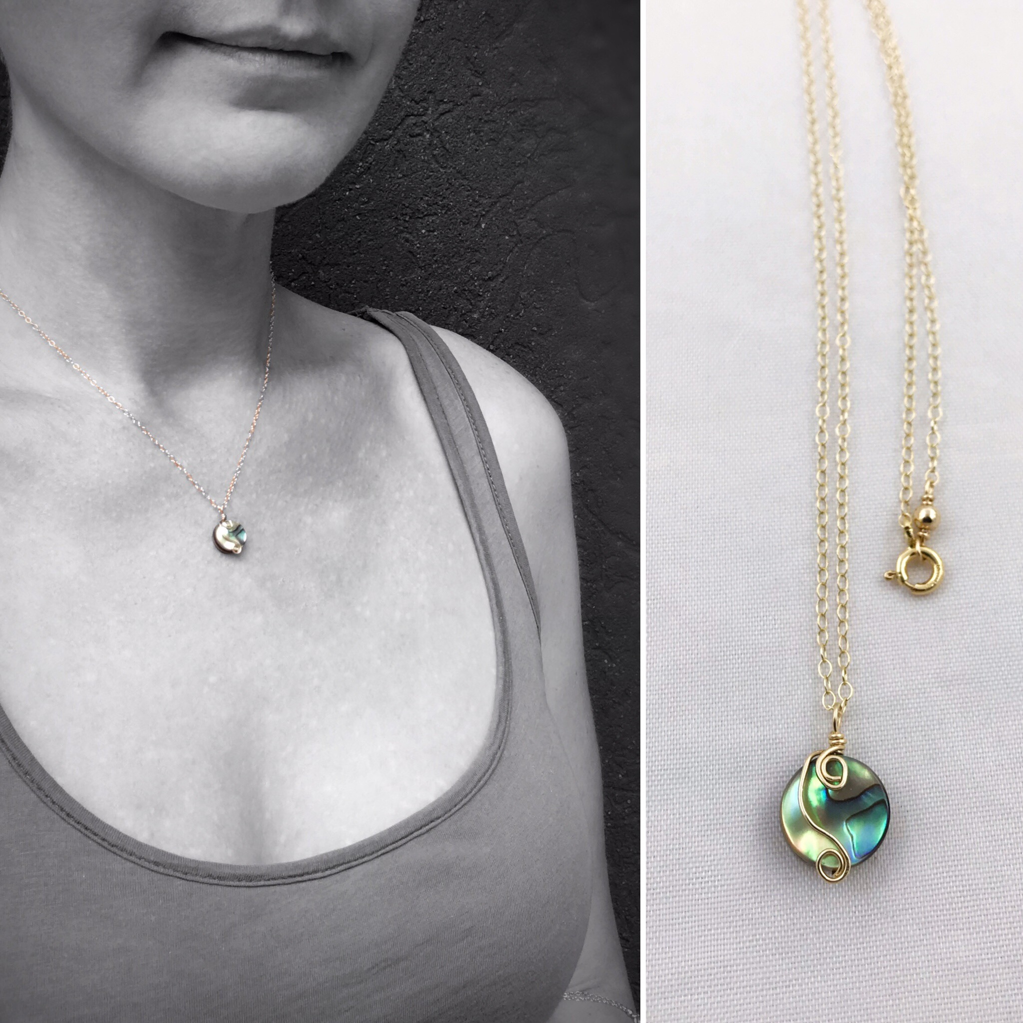 Gold Abalone Spiral Necklace – 14k Yellow Gold Filled – Abalone Coin Shape Shell – Double Spiral Yin Yang Design