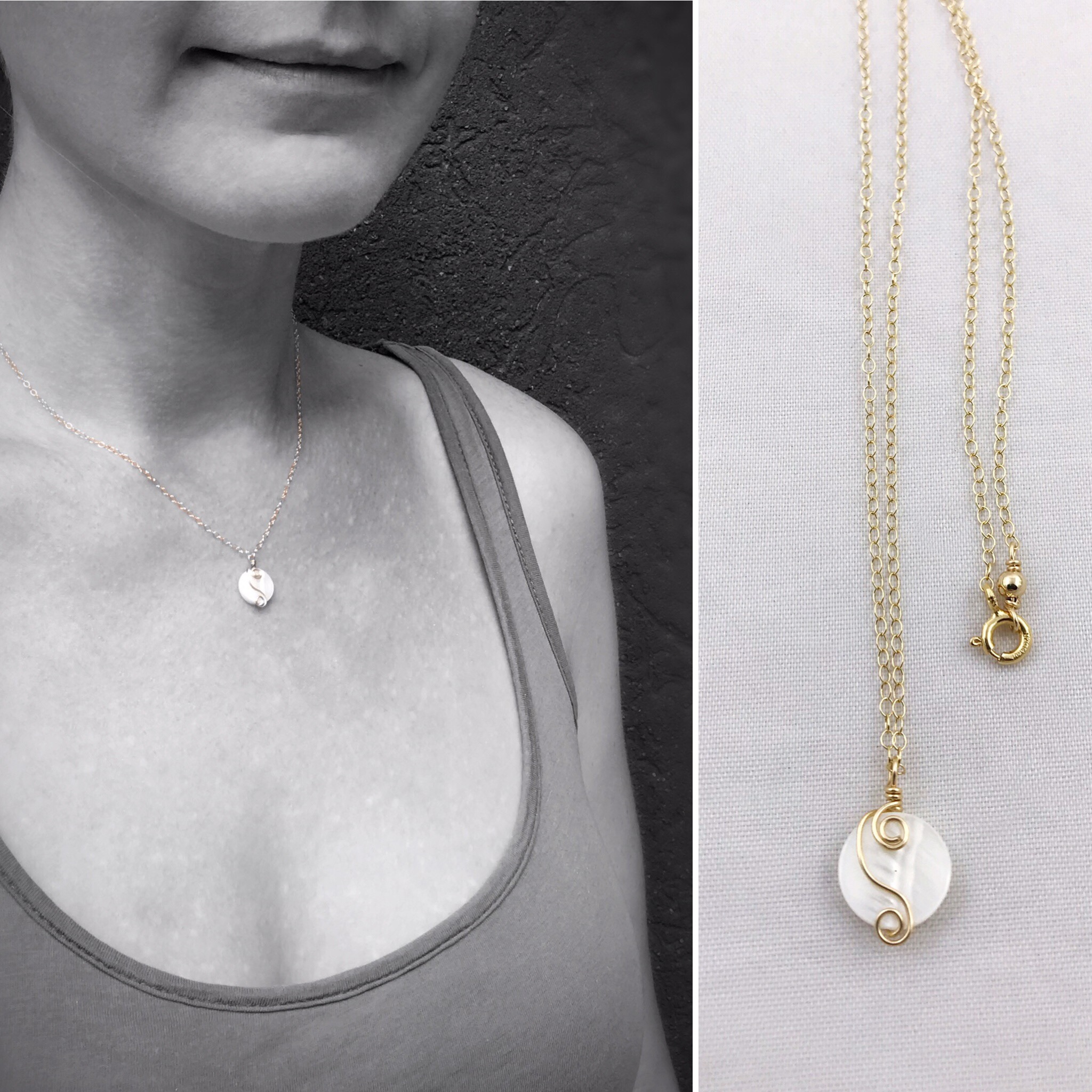 Gold Mother Of Pearl Spiral Necklace – 14k Yellow Gold Filled – Ivory Coin Shape MOP – Double Spiral Yin Yang Design