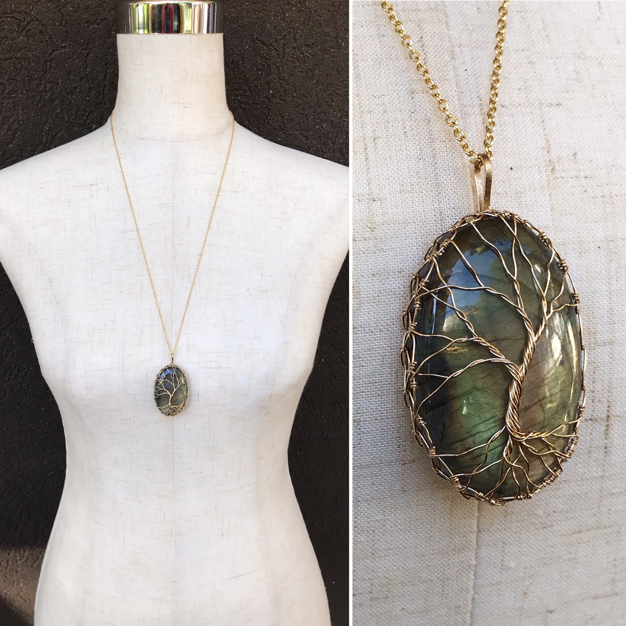 Tree Of Life Necklace – 14k Yellow Gold Filled – Oval Cut Labradorite – “Autumnal Glow”