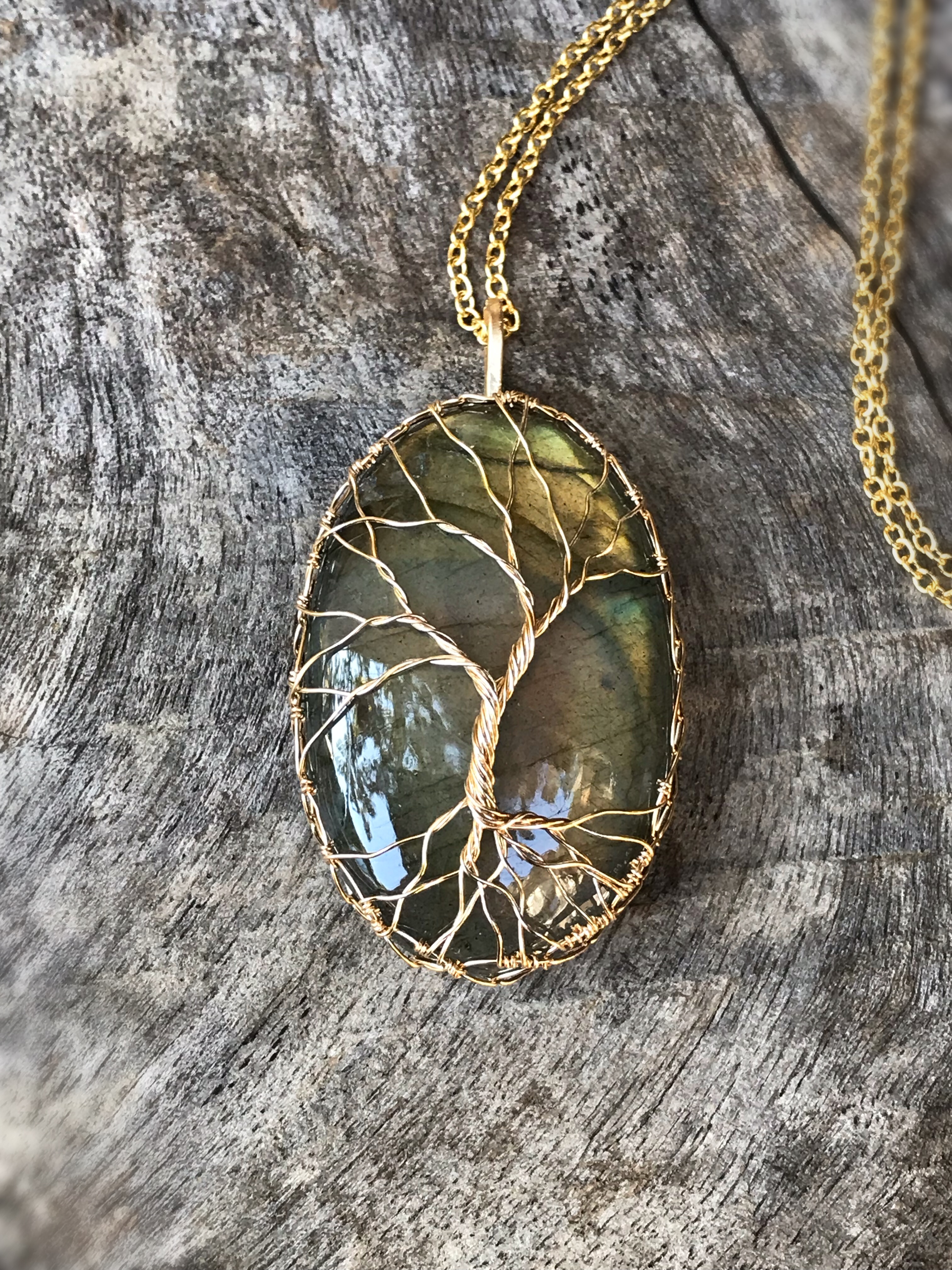 Tree Of Life Necklace - 14k Yellow Gold Filled - Oval Cut Labradorite - "Autumnal Glow" - Image 2