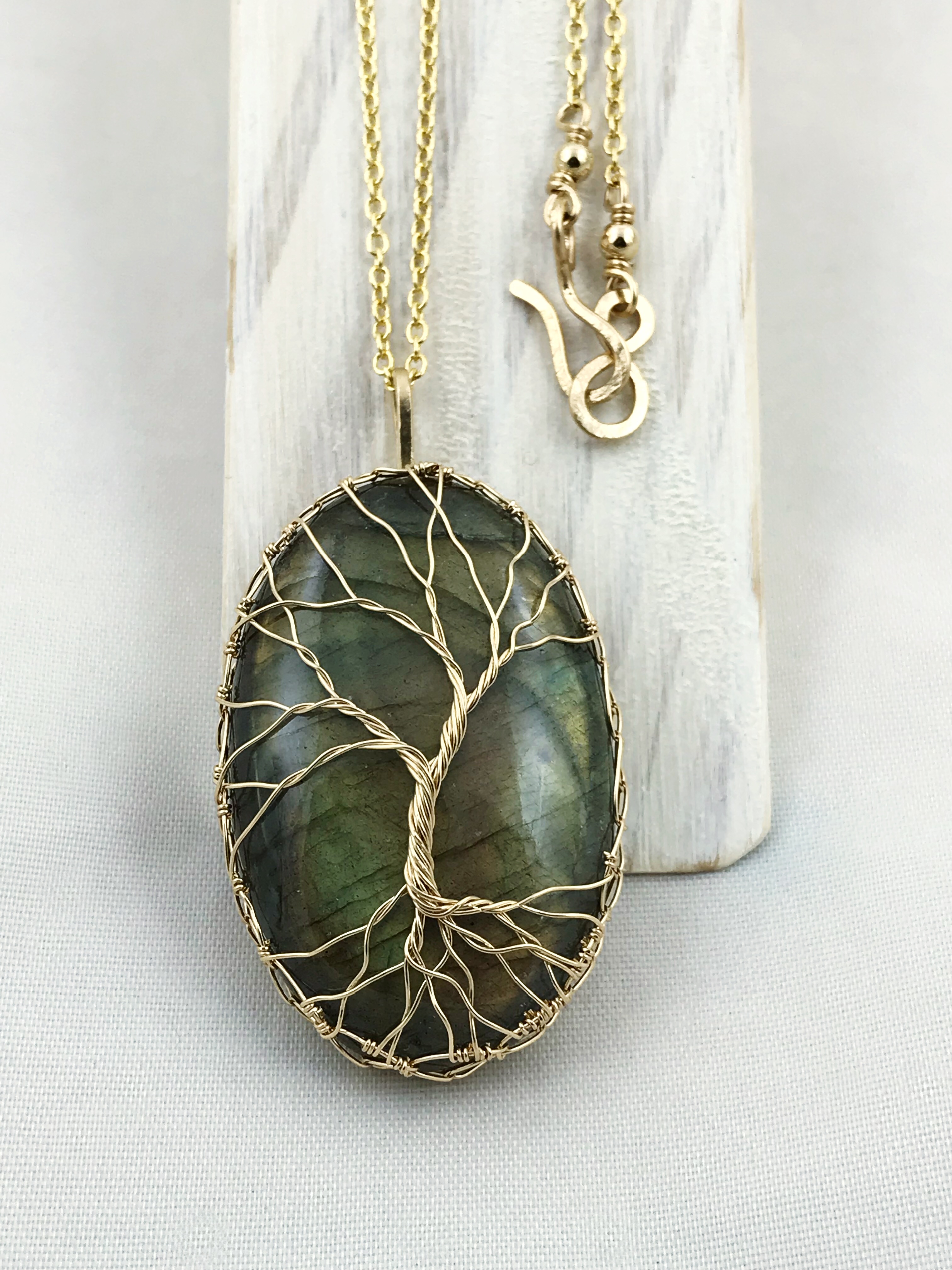 Tree Of Life Necklace - 14k Yellow Gold Filled - Oval Cut Labradorite - "Autumnal Glow" - Image 8