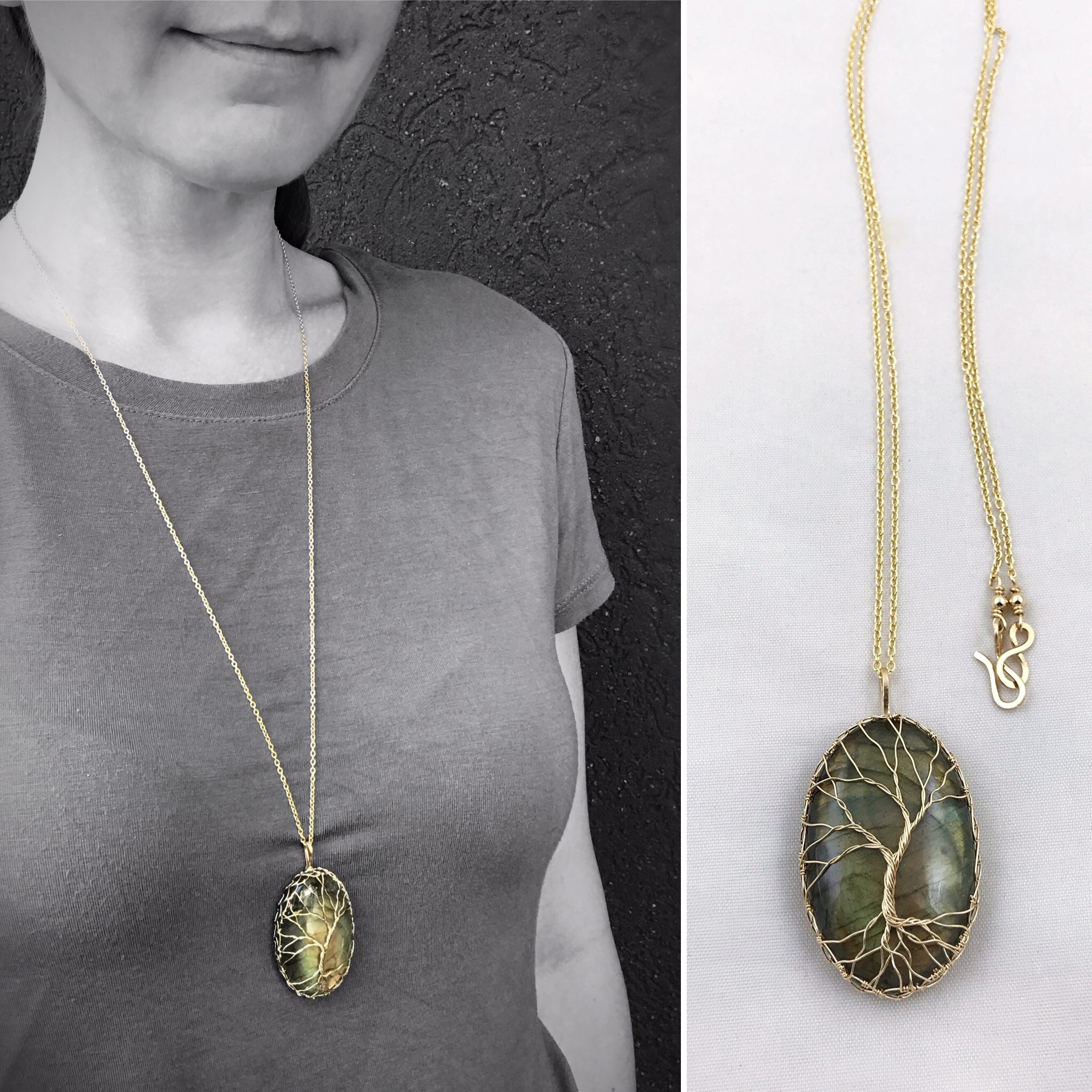 Tree Of Life Necklace - 14k Yellow Gold Filled - Oval Cut Labradorite - "Autumnal Glow" - Image 6