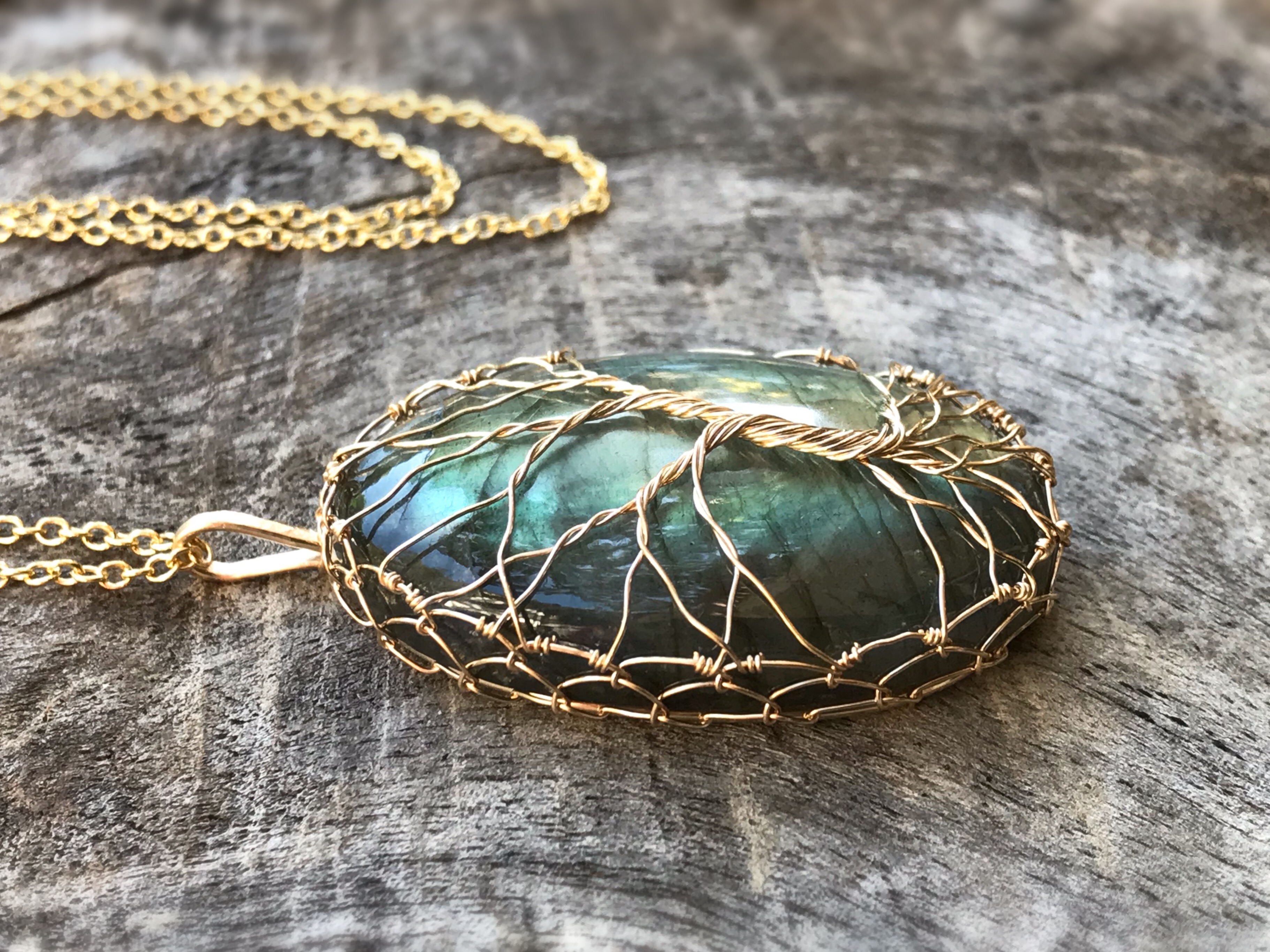Tree Of Life Necklace - 14k Yellow Gold Filled - Oval Cut Labradorite - "Autumnal Glow" - Image 4