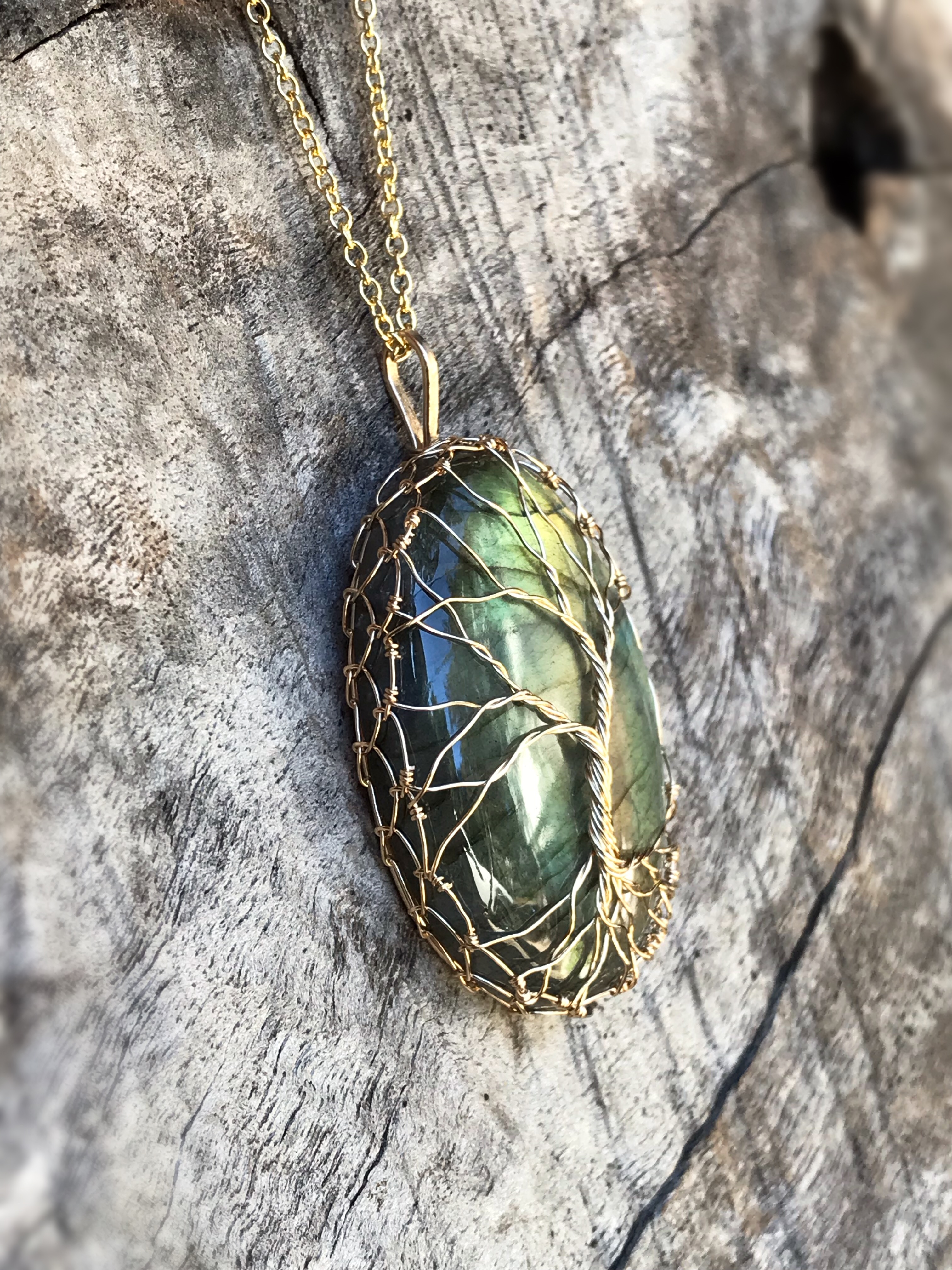 Tree Of Life Necklace - 14k Yellow Gold Filled - Oval Cut Labradorite - "Autumnal Glow" - Image 5
