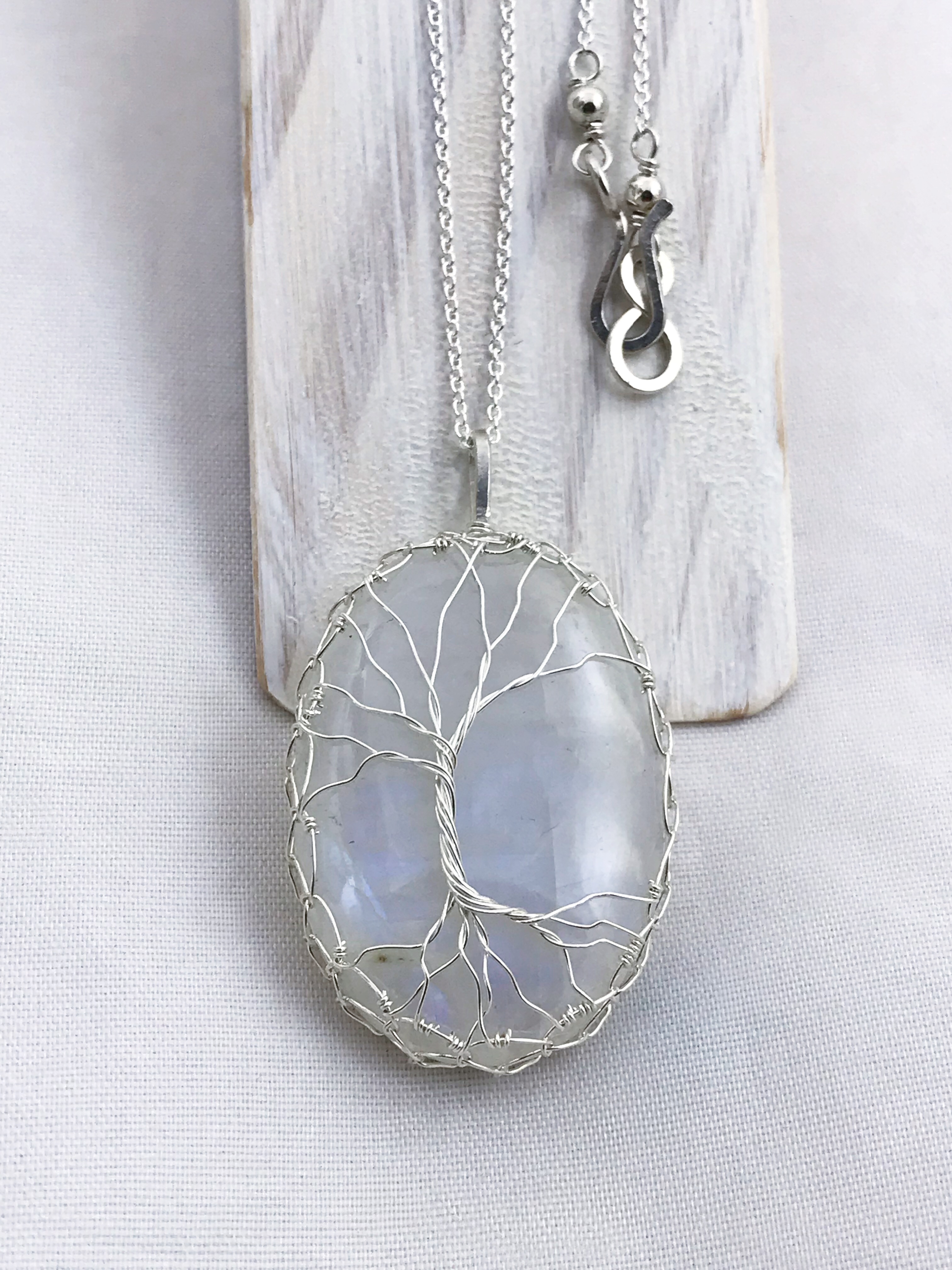 Tree Of Life Necklace - Solid Sterling Silver - Oval Cut Rainbow Moonstone - "In The Still Glow" - Image 8